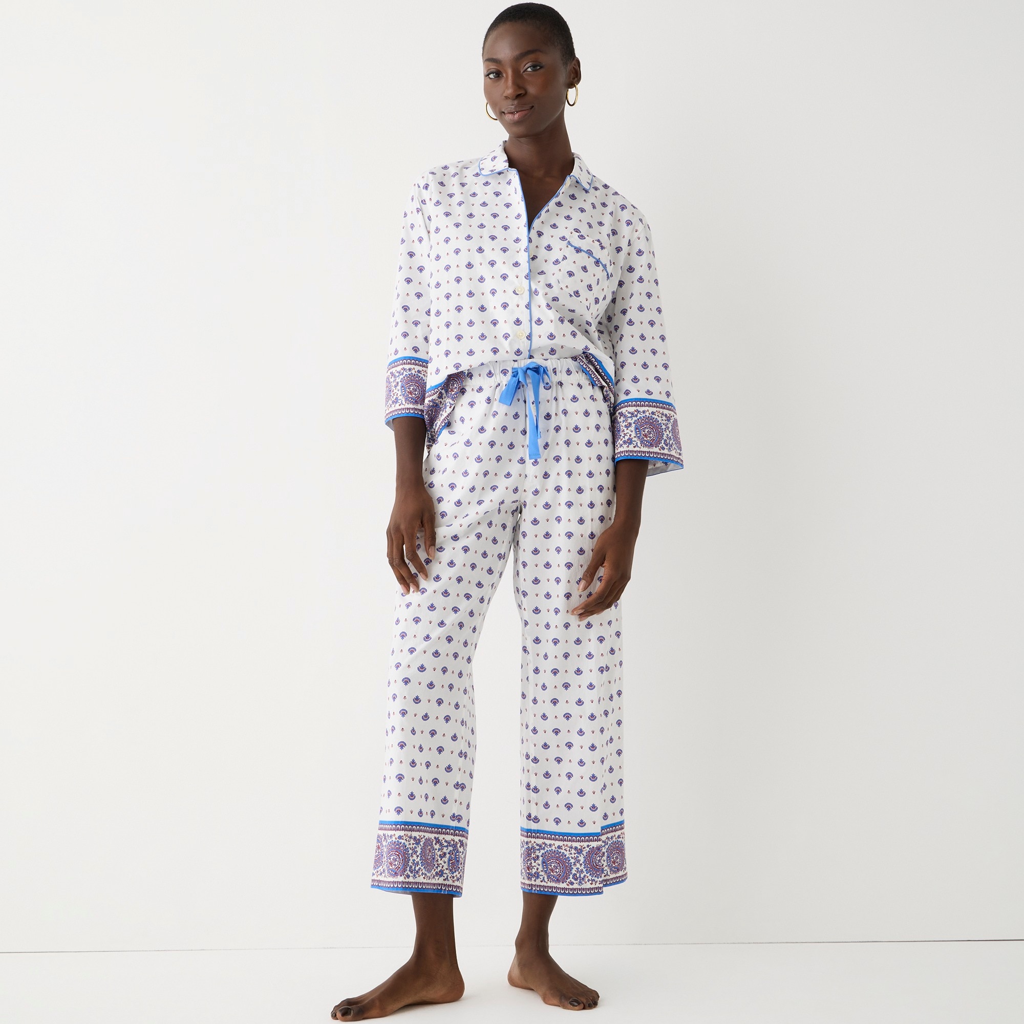 Long-sleeve cropped cotton poplin pajama set in floral bouquet