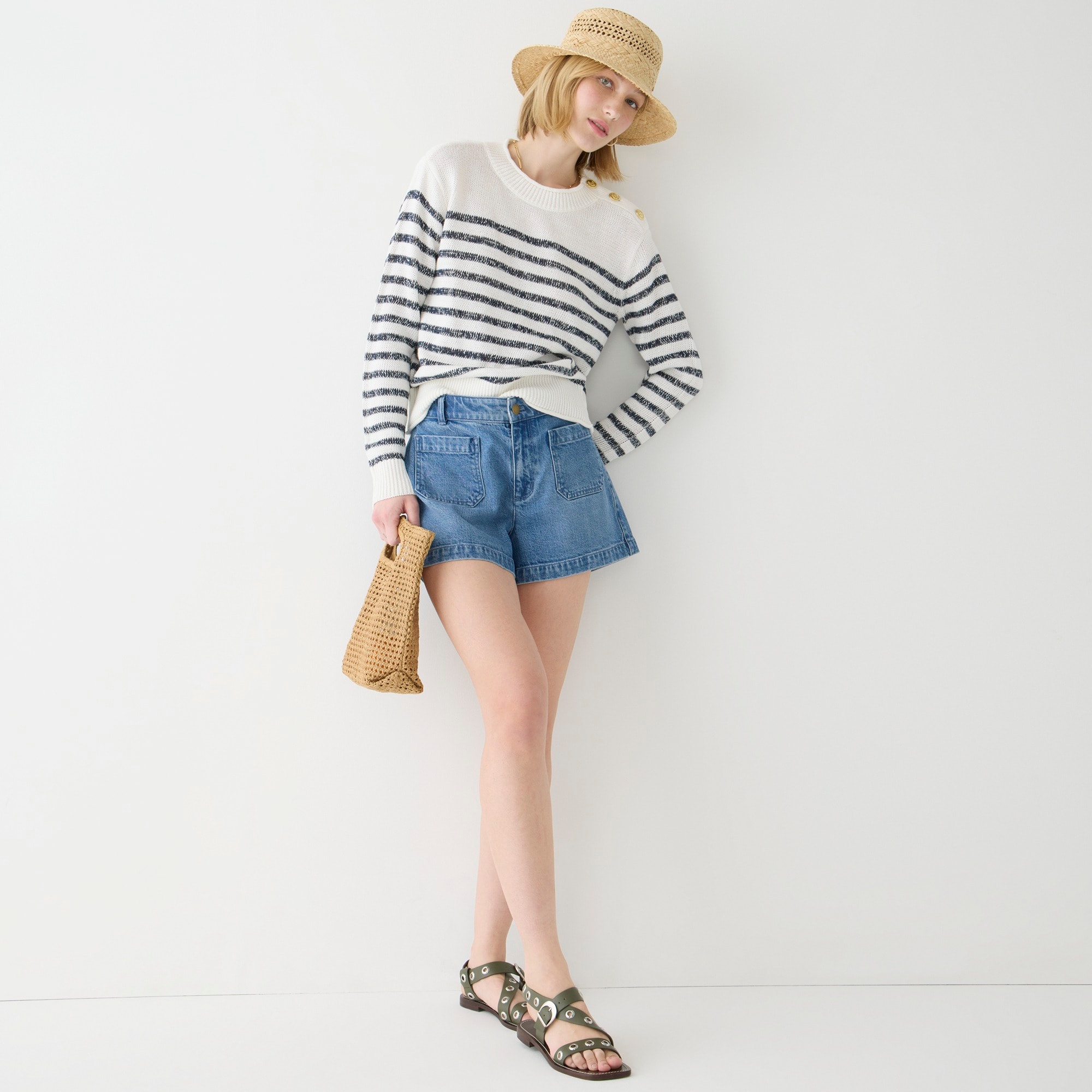 Relaxed linen-blend beach sweater with shoulder buttons in stripe