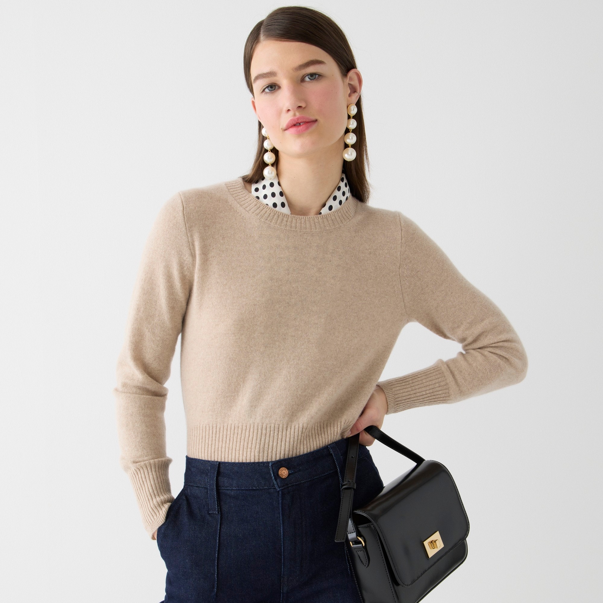 Cropped cashmere crewneck sweater