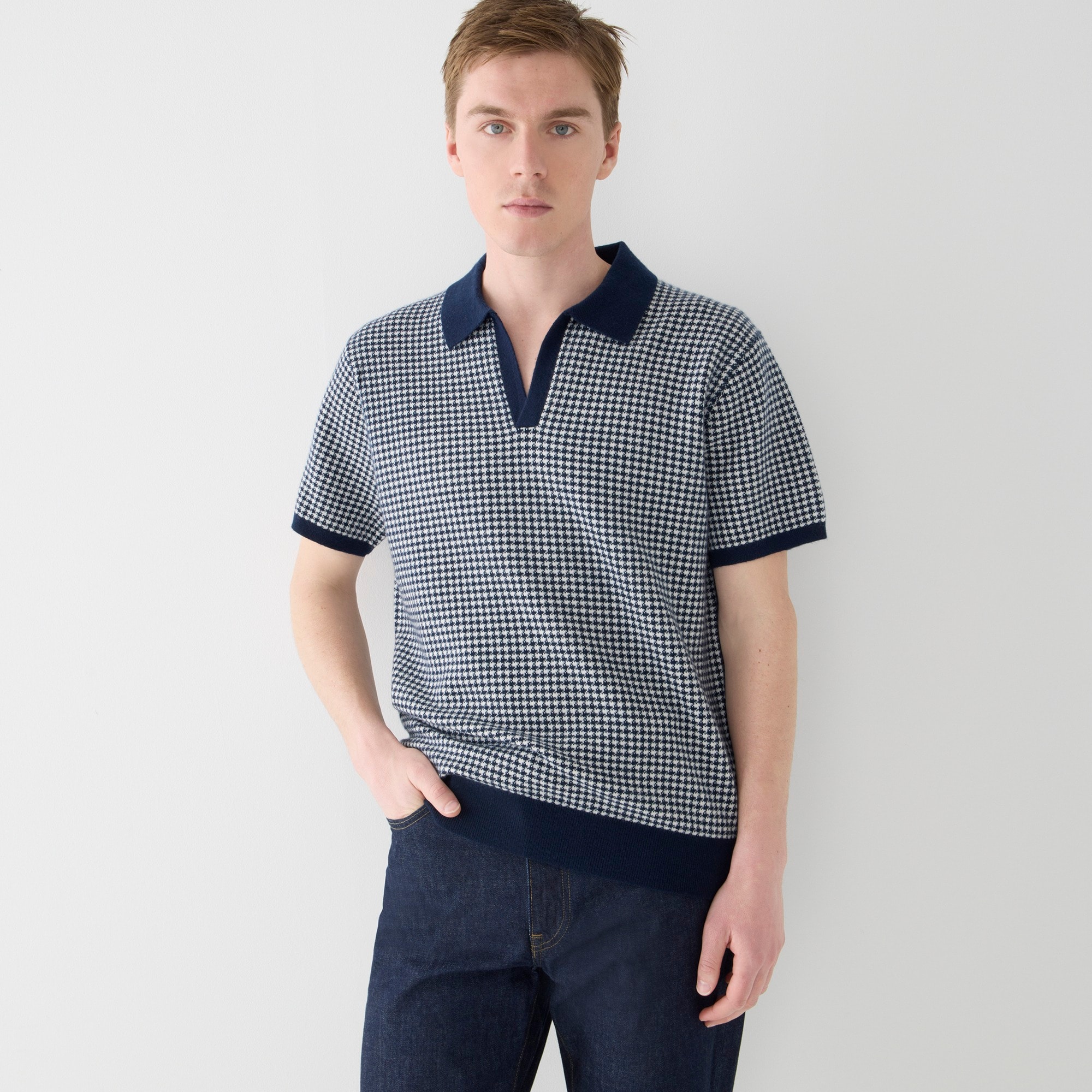 Cashmere short-sleeve johnny-collar sweater-polo in houndstooth