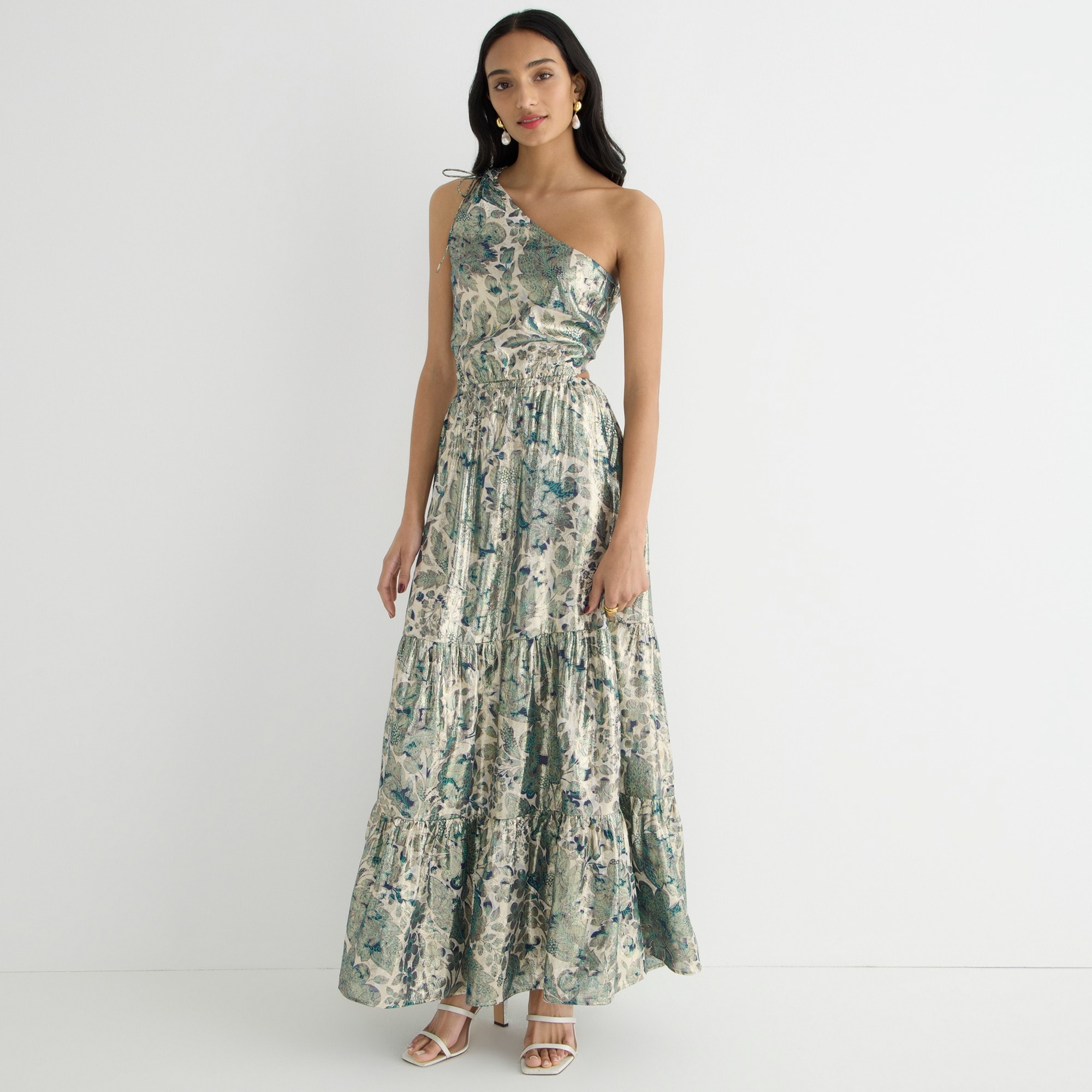 Collection one-shoulder cutout dress in floral Lurex® chiffon