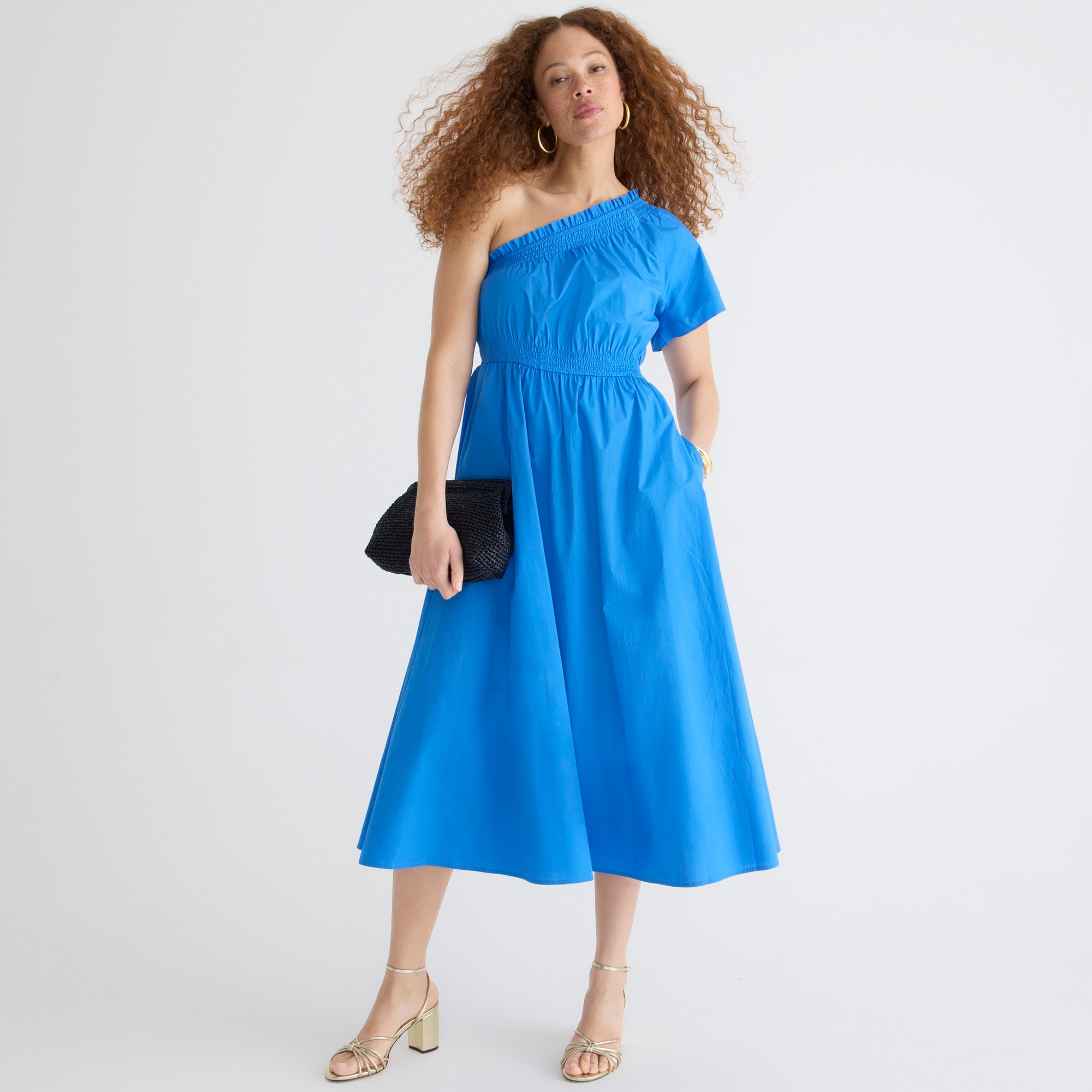 Smocked one-shoulder dress in cotton poplin