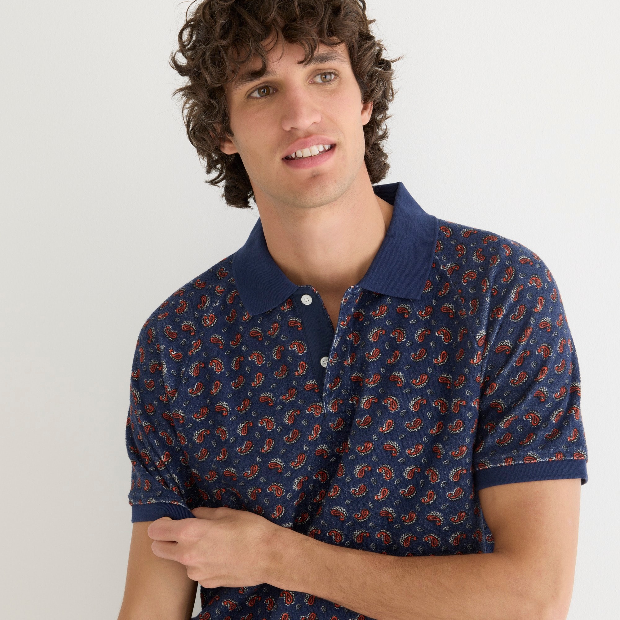 Raglan-sleeve terry polo shirt in print