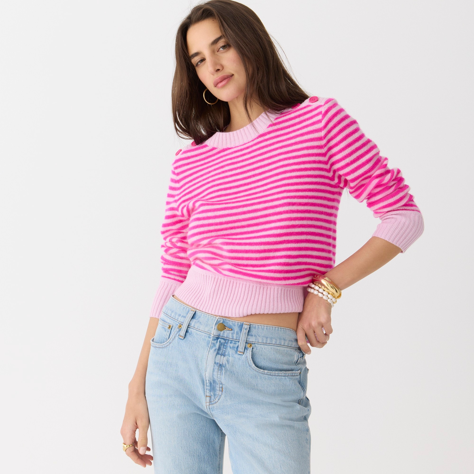 Cashmere stripe crewneck sweater with shoulder buttons