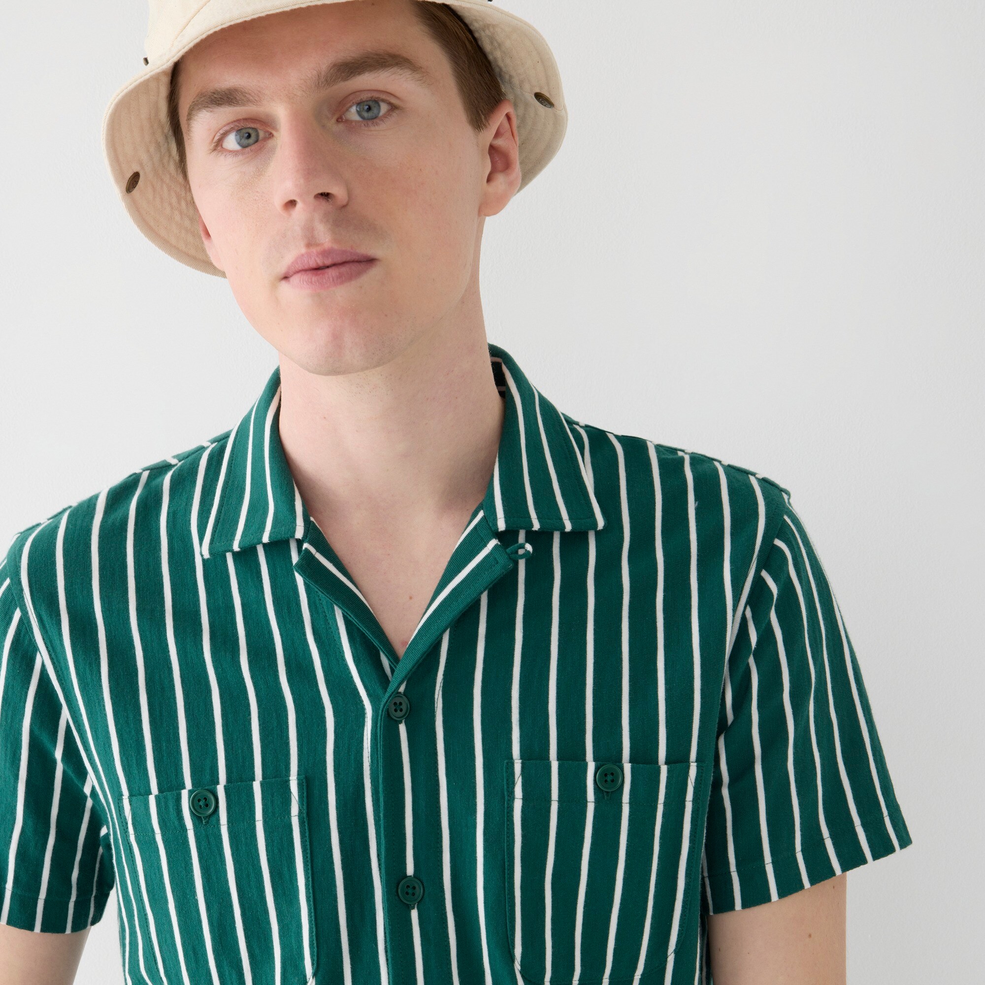 Short-sleeve cotton knit camp-collar shirt in stripe