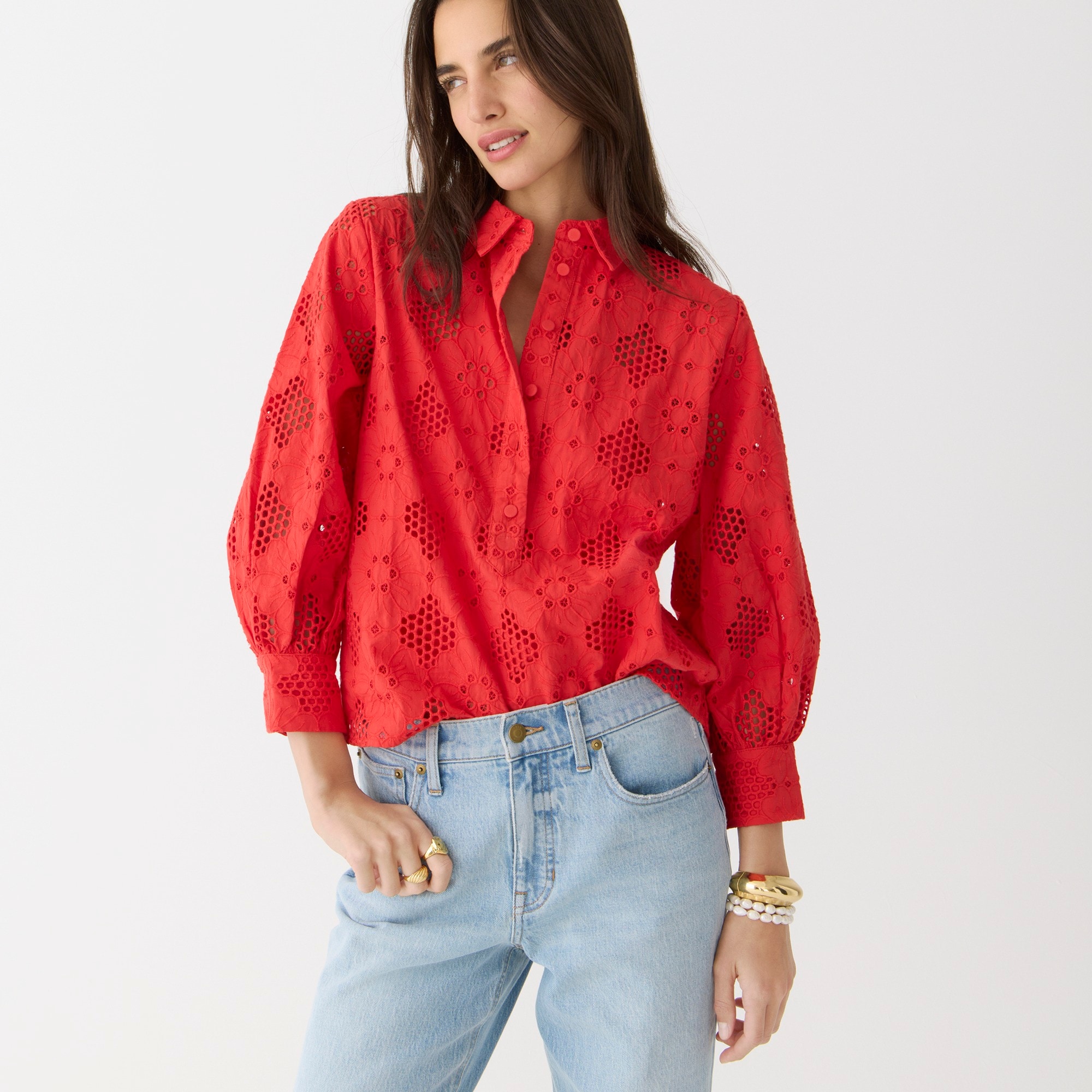 Long-sleeve popover top in eyelet