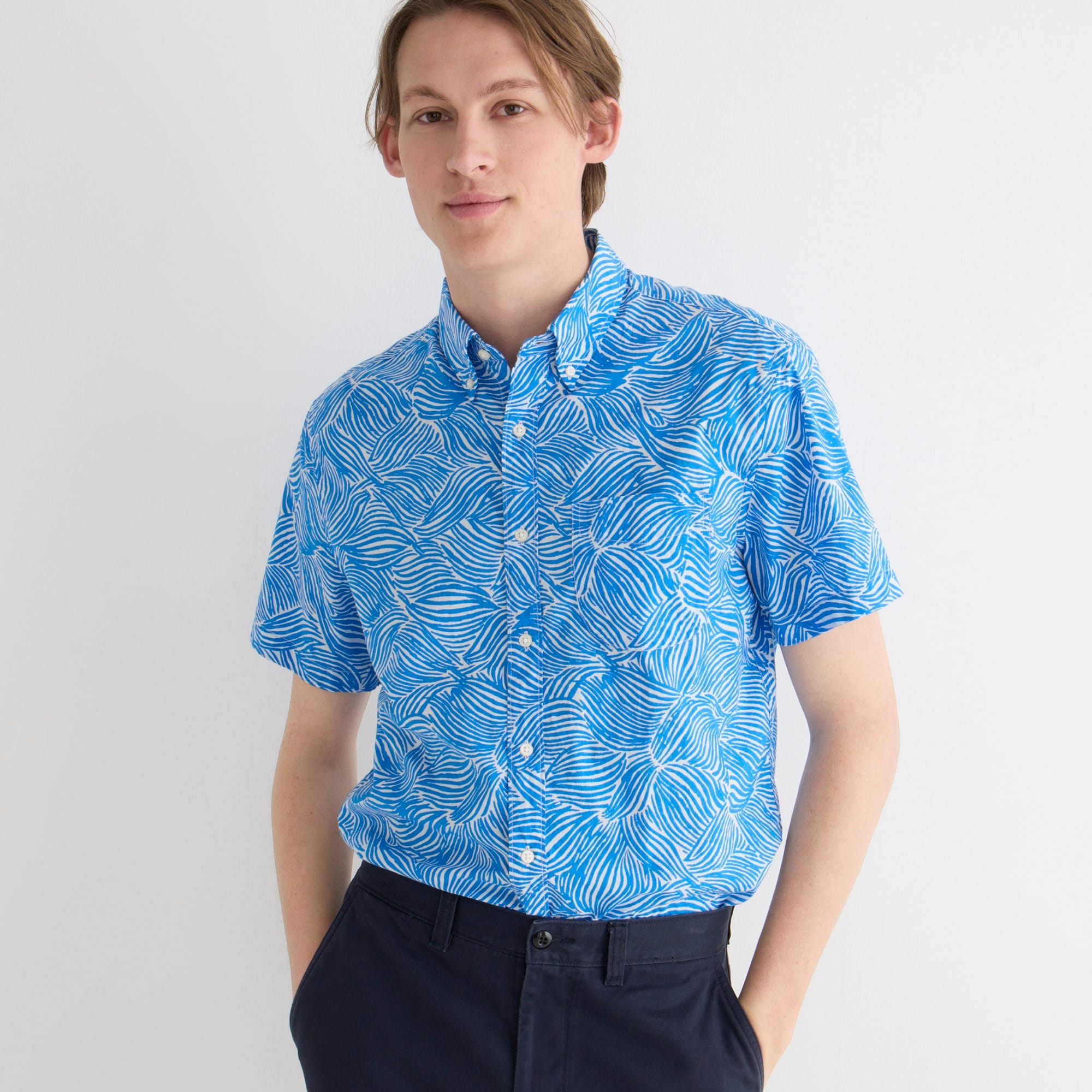 Short-sleeve slub cotton shirt