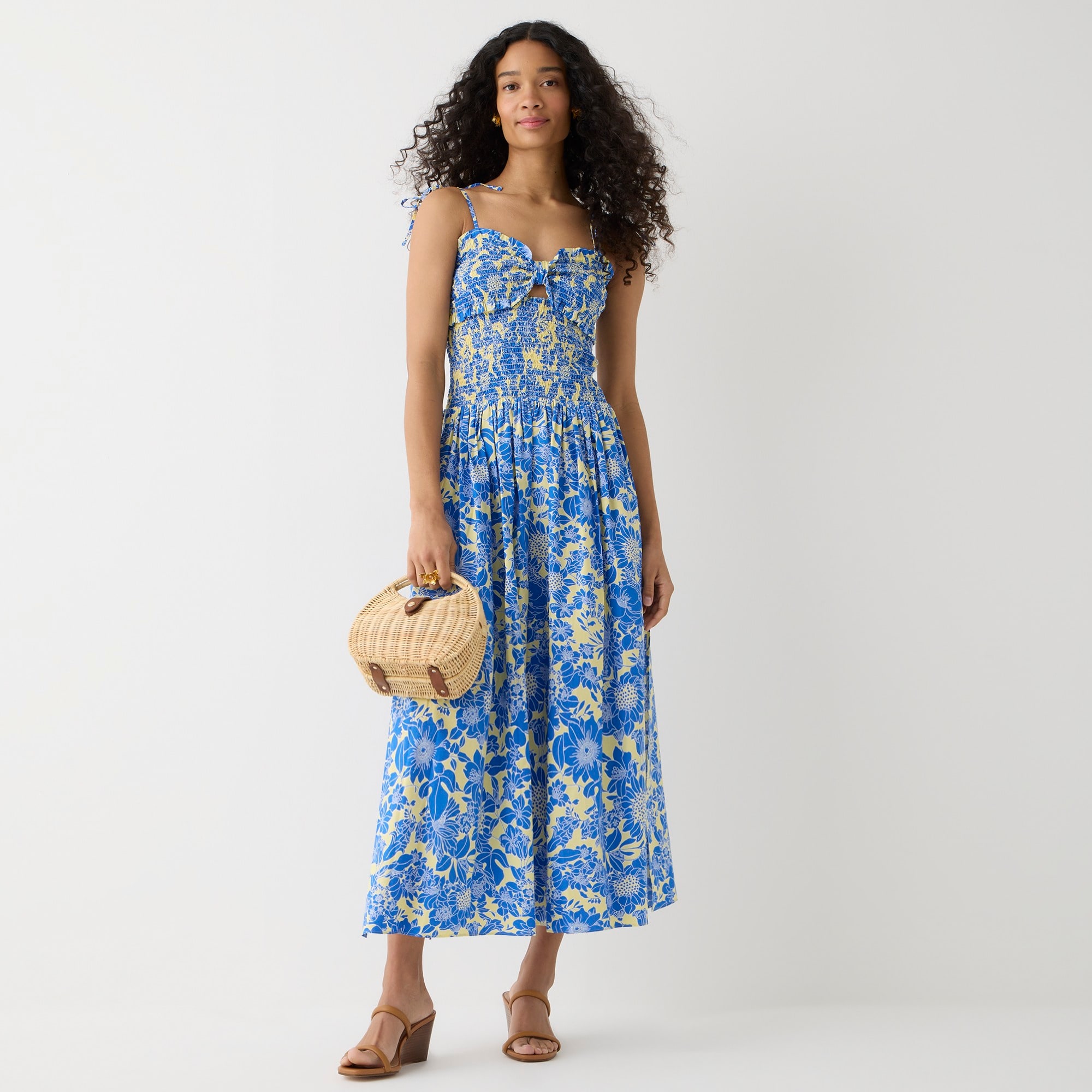 Collection tie-shoulder smocked dress in floral cotton poplin