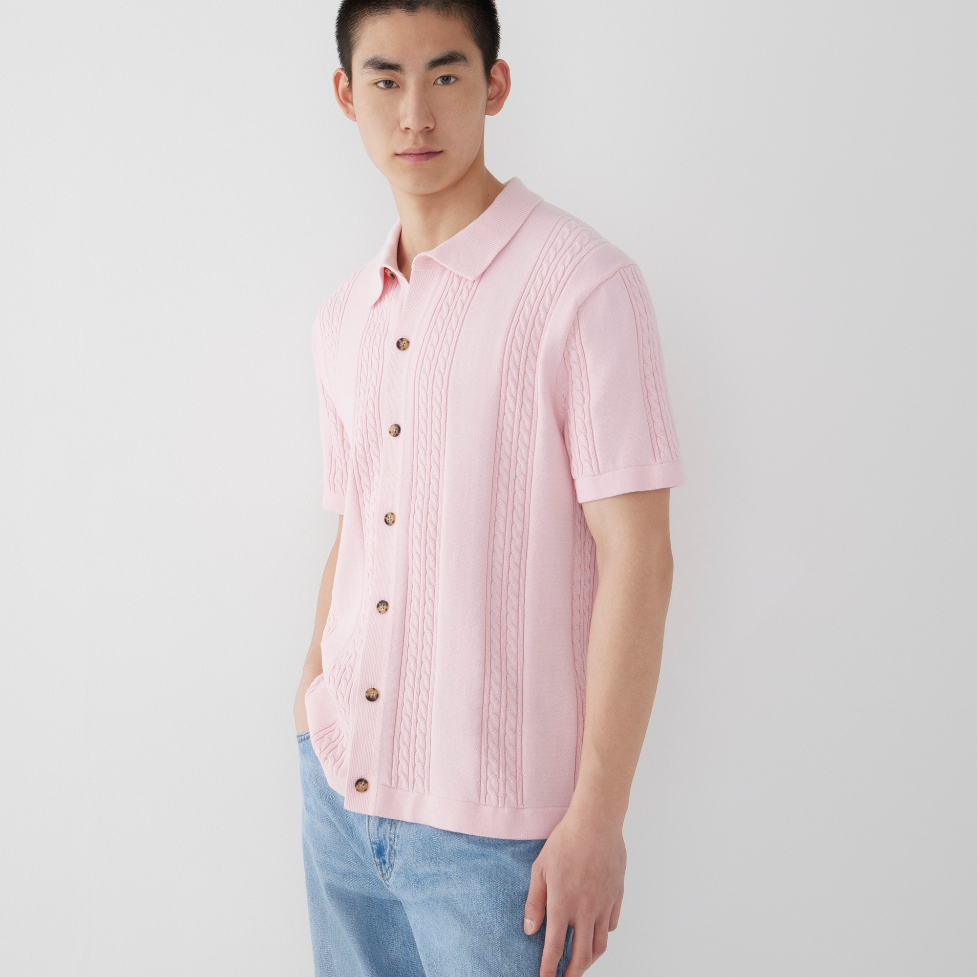 Short-sleeve cotton cable-knit cardigan sweater-polo
