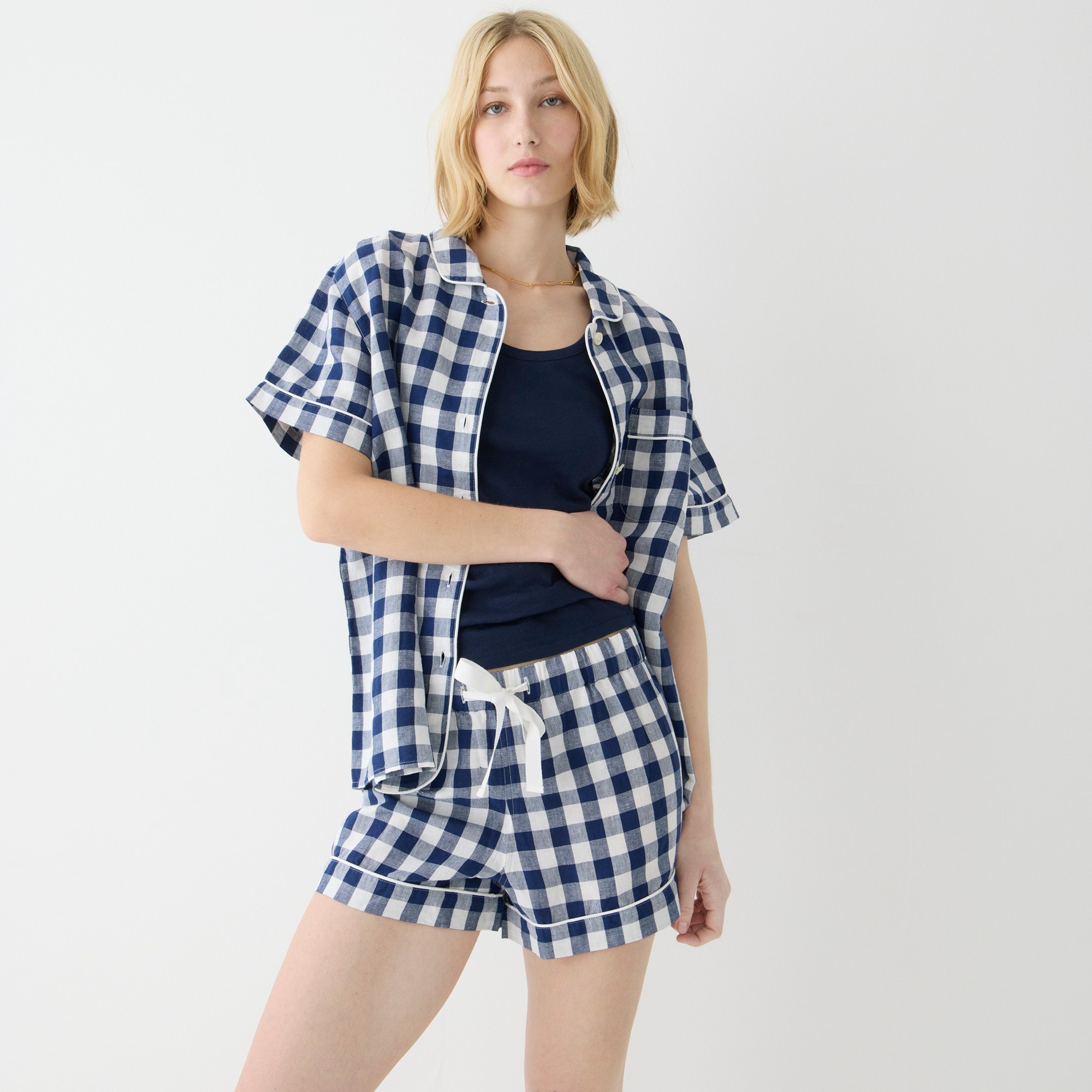 Cotton-linen blend pajama short set in gingham
