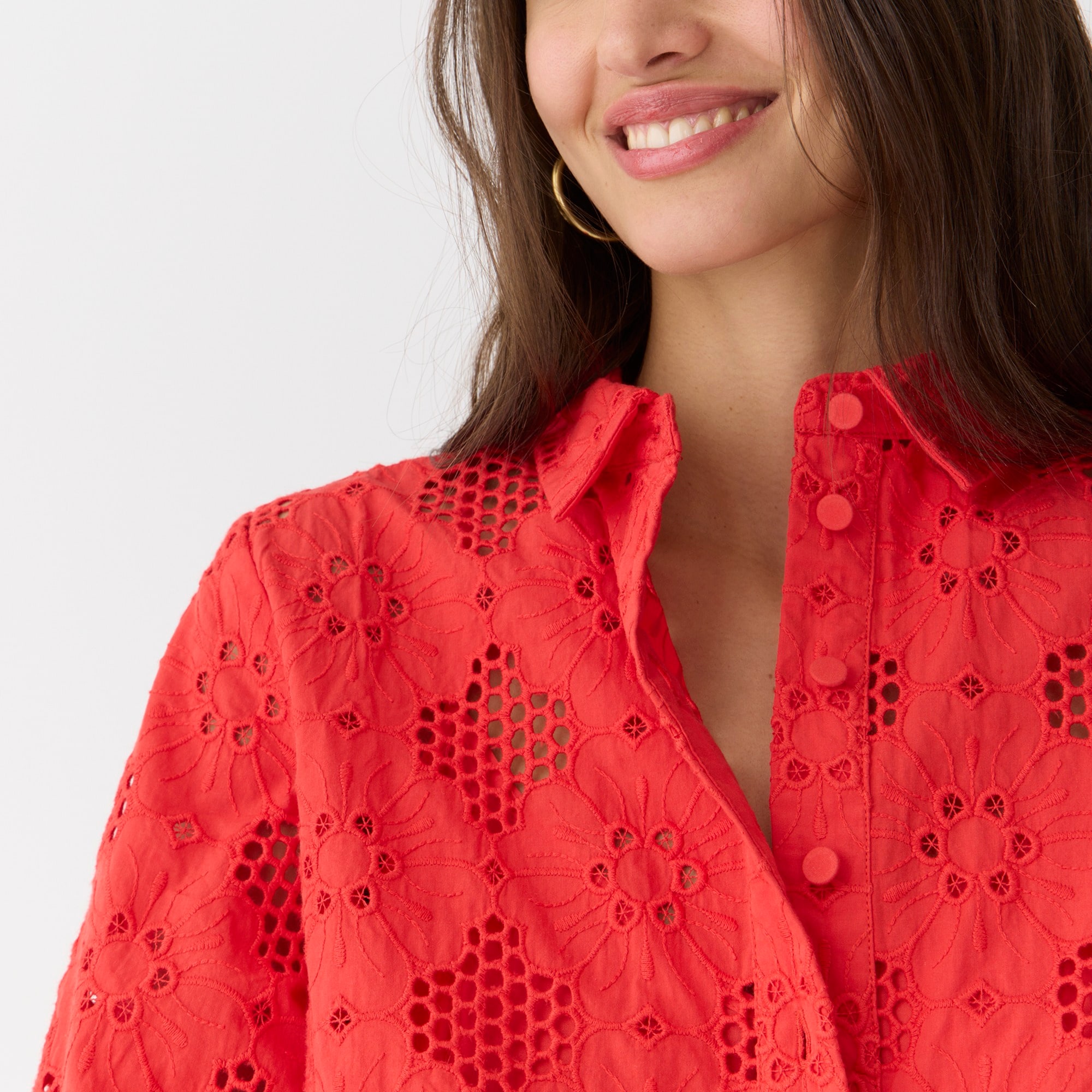 Long-sleeve popover top in eyelet