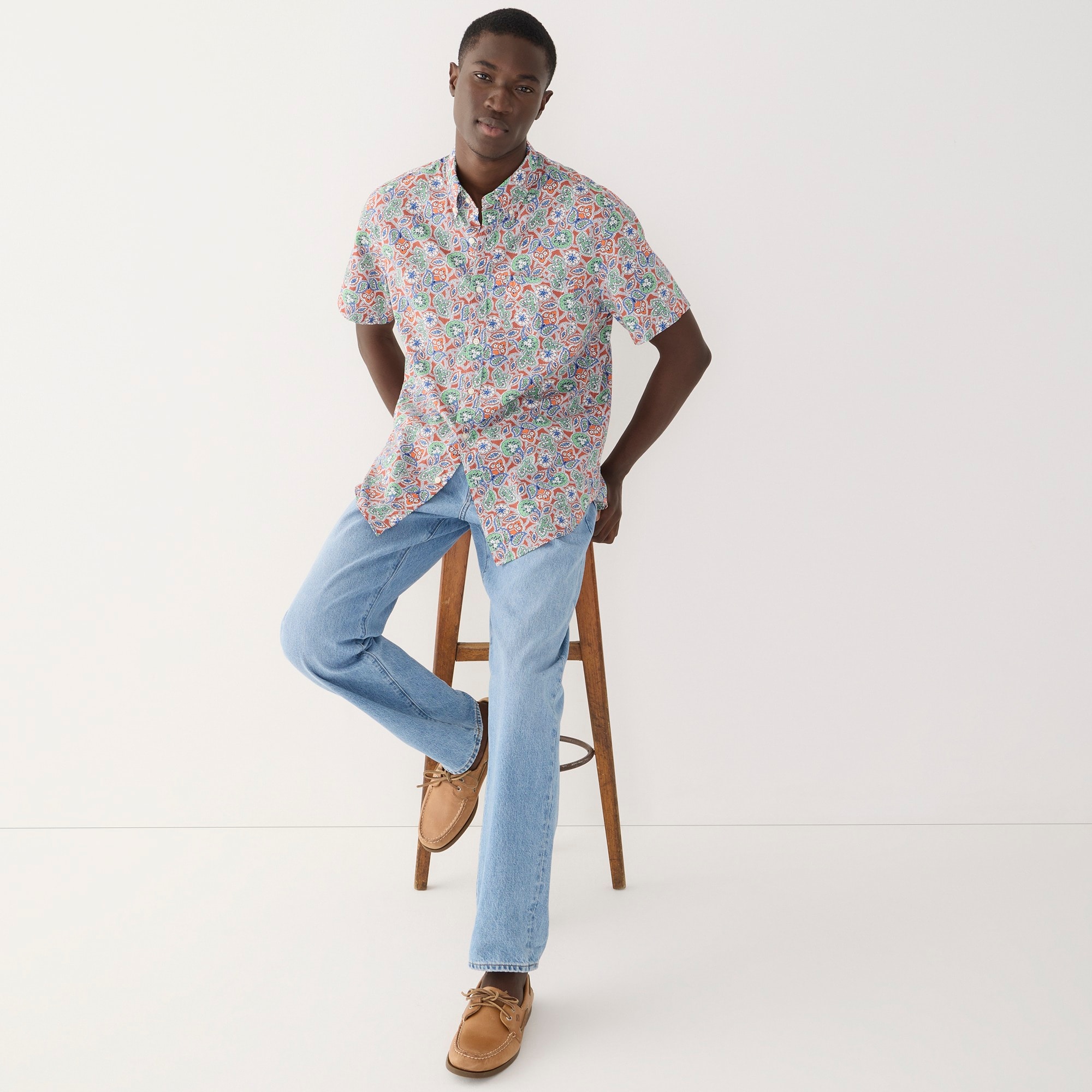 Short-sleeve slub cotton shirt