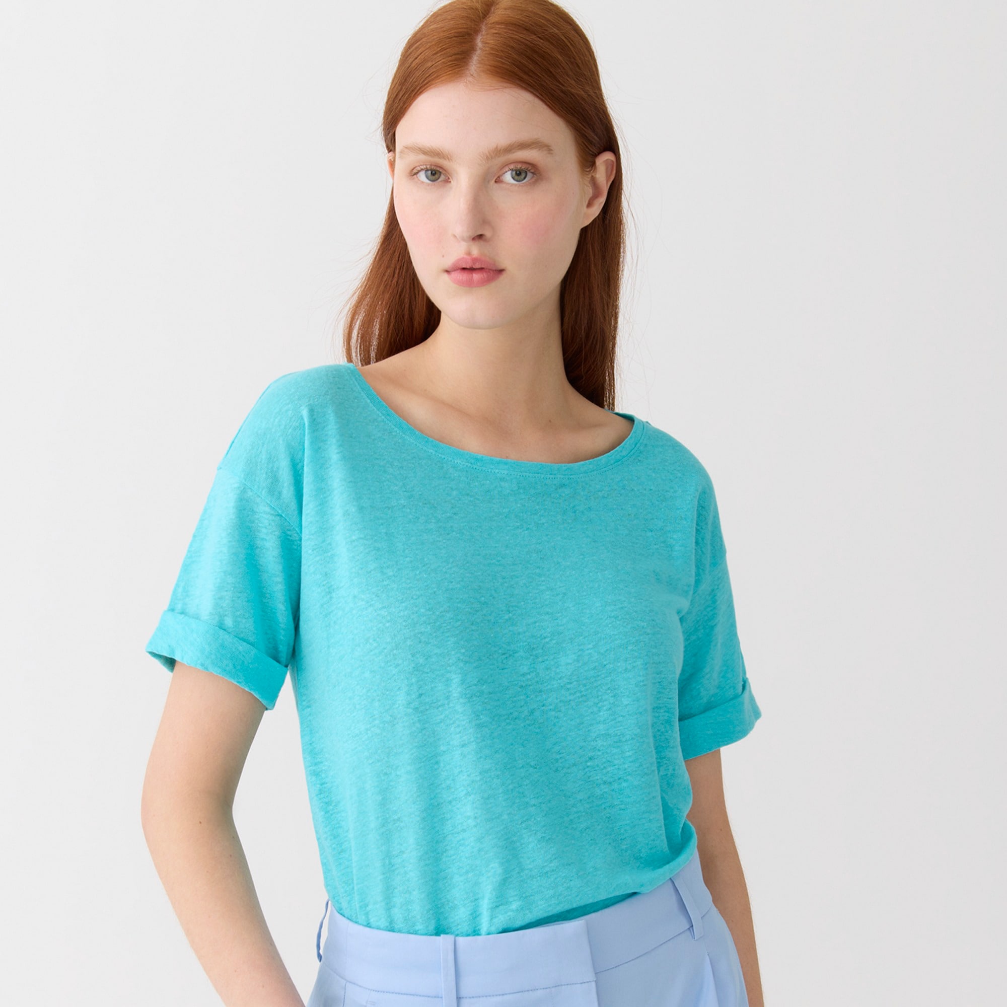 Linen roll-cuff crewneck T-shirt