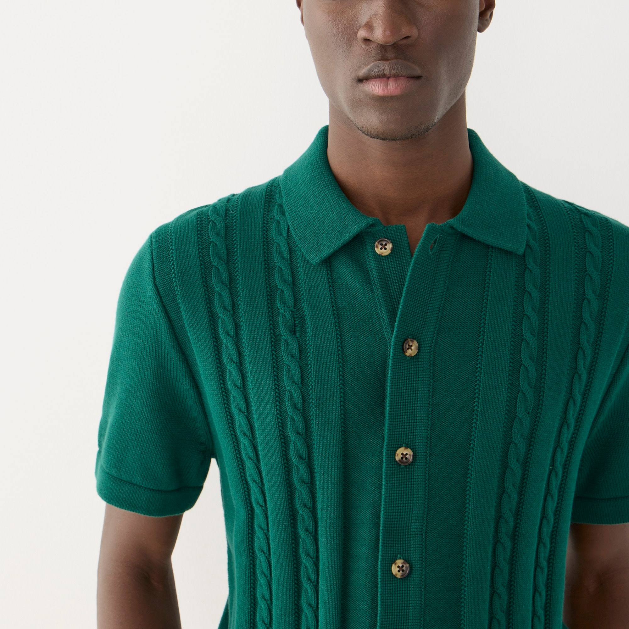 Cotton cable-knit short-sleeve polo cardigan sweater