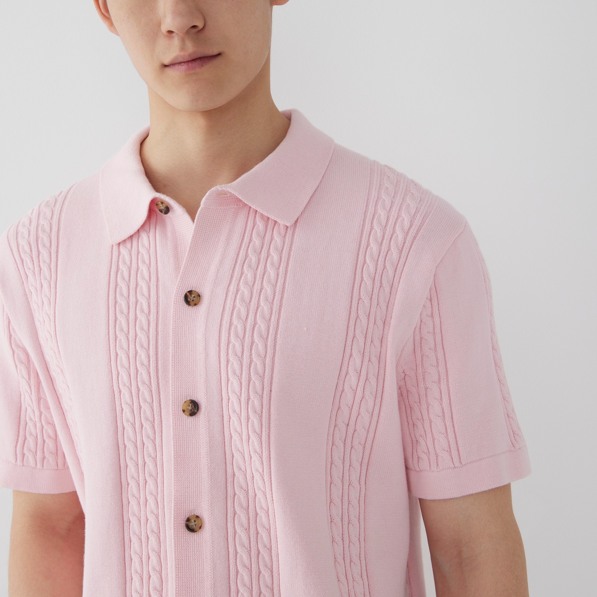 Short-sleeve cotton cable-knit cardigan sweater-polo