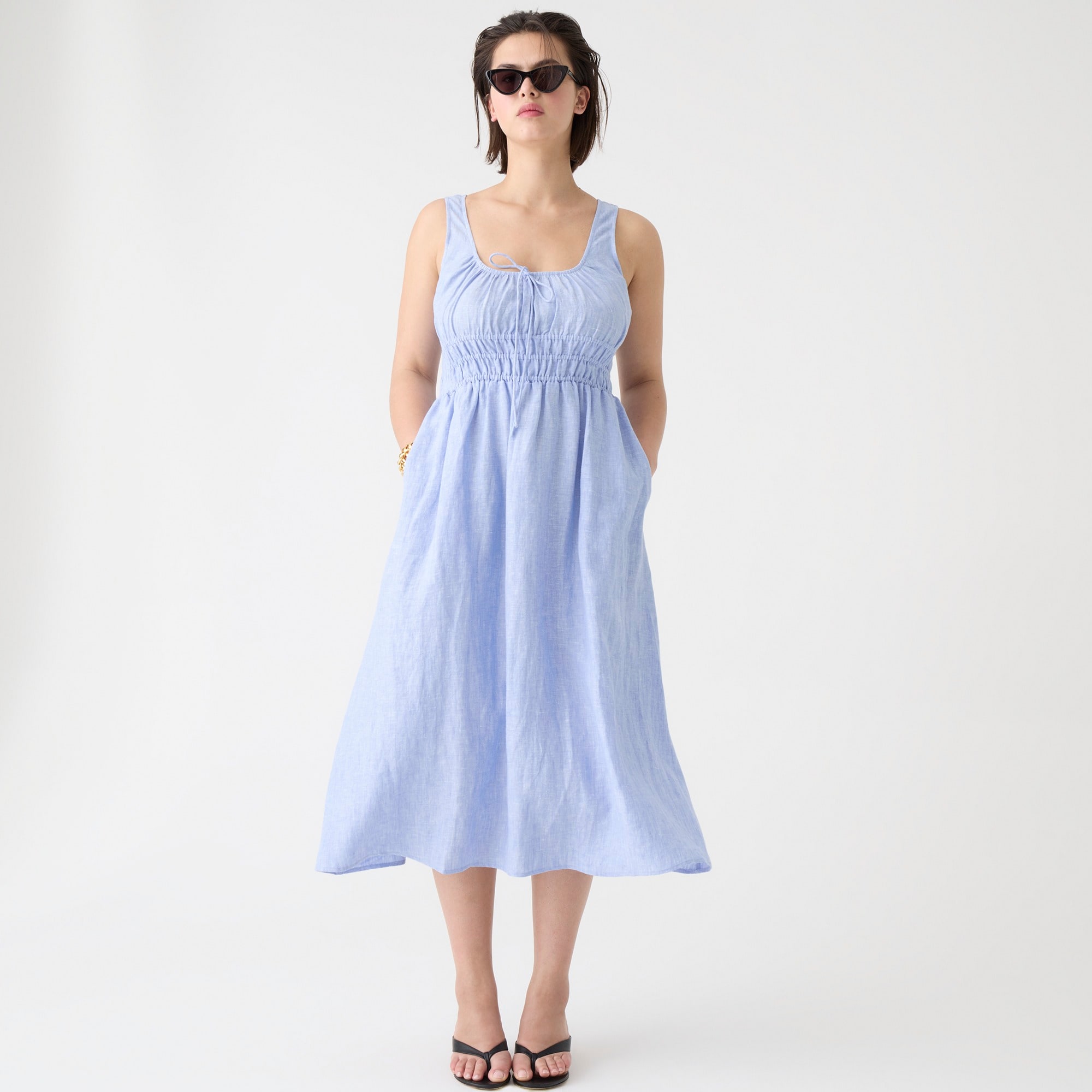 Smocked midi dress in linen