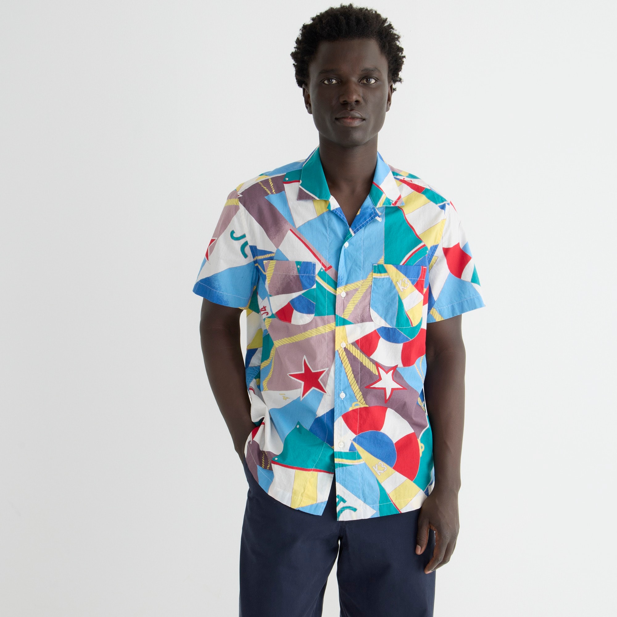 Short-sleeve slub cotton camp-collar shirt in print