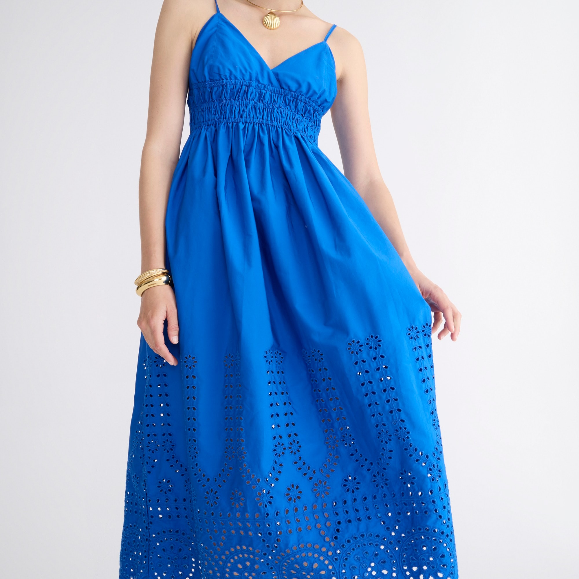 V-neck smocked-waist dress in cotton poplin
