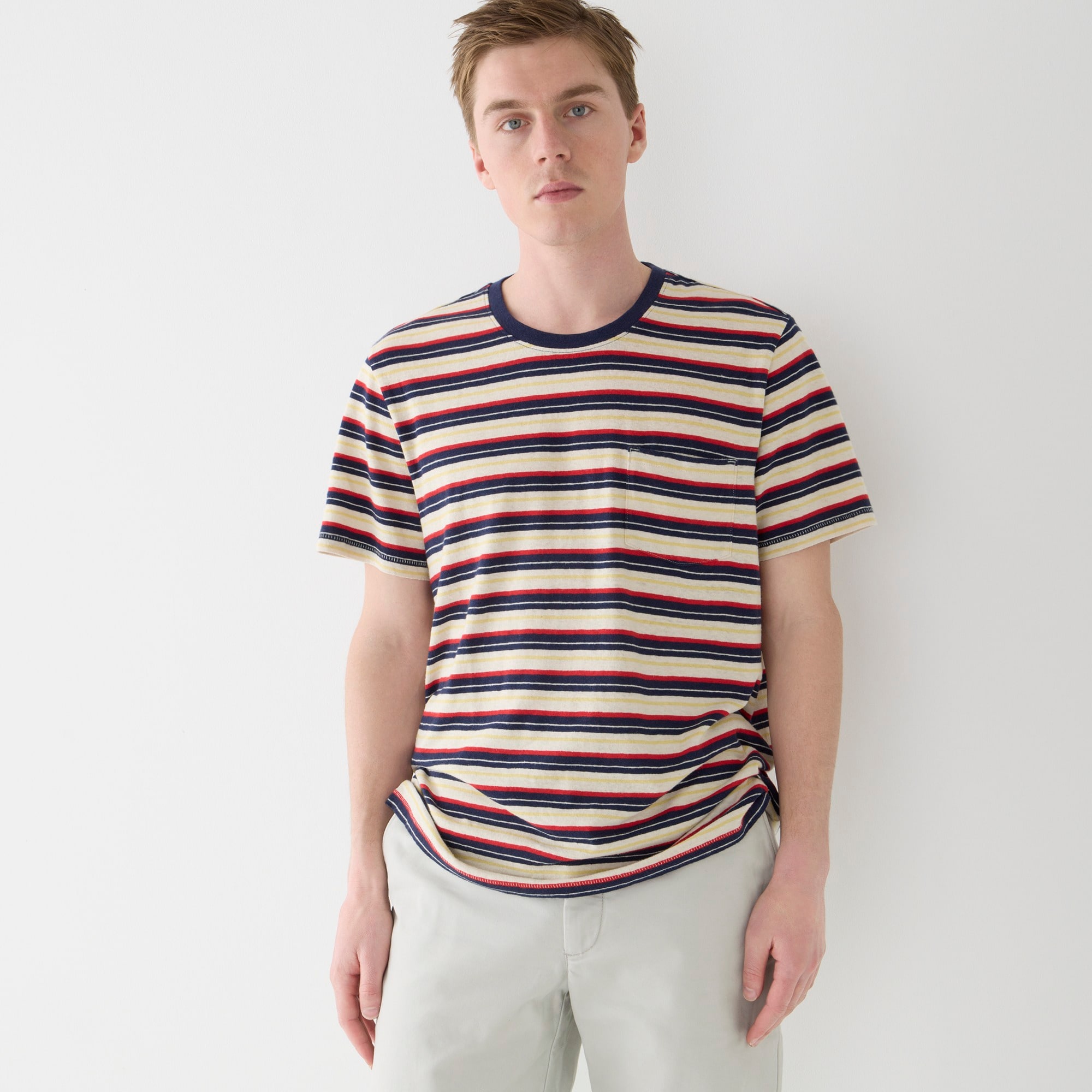 Hemp-organic cotton-blend pocket T-shirt in stripe