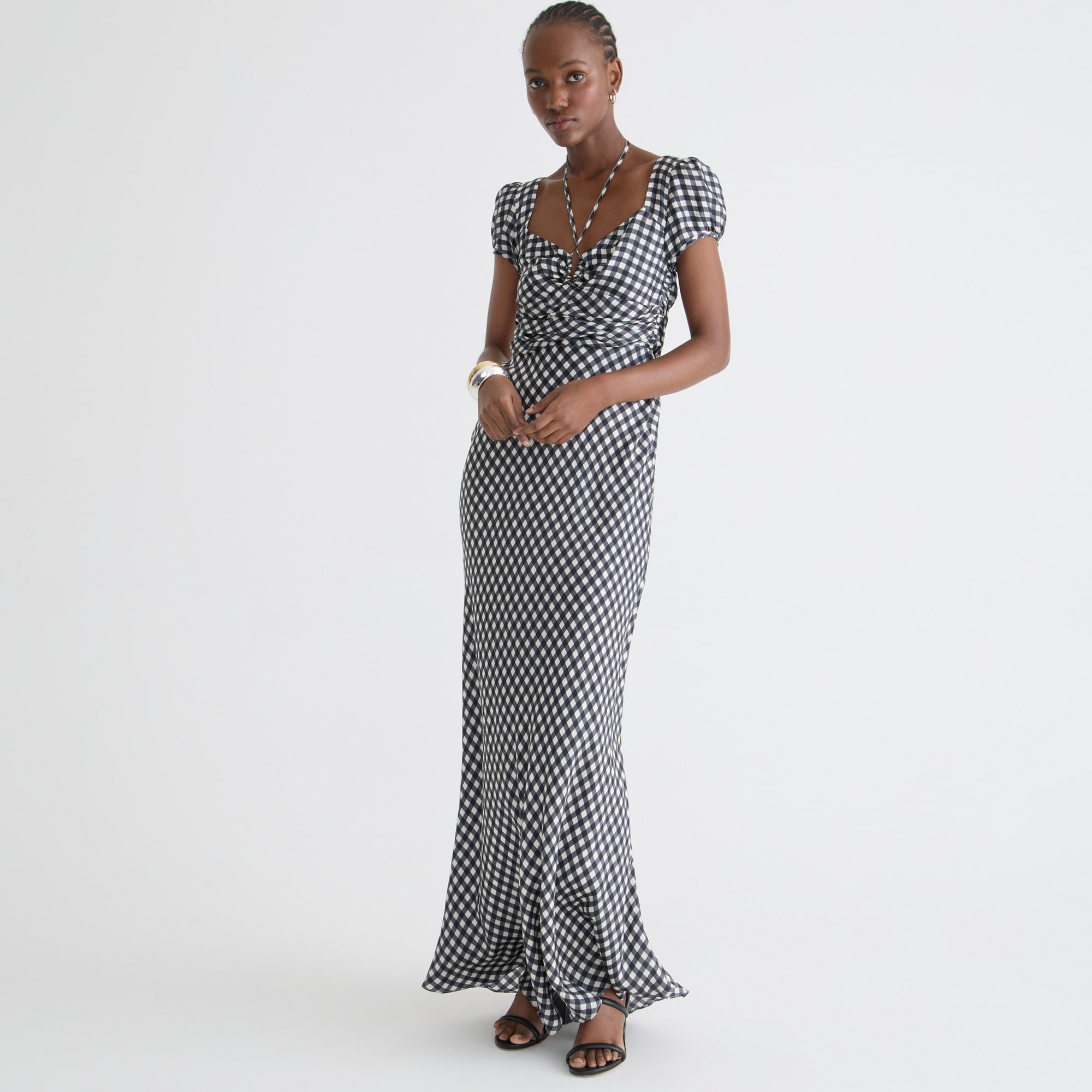 Collection tie-neck cap-sleeve maxi dress in gingham