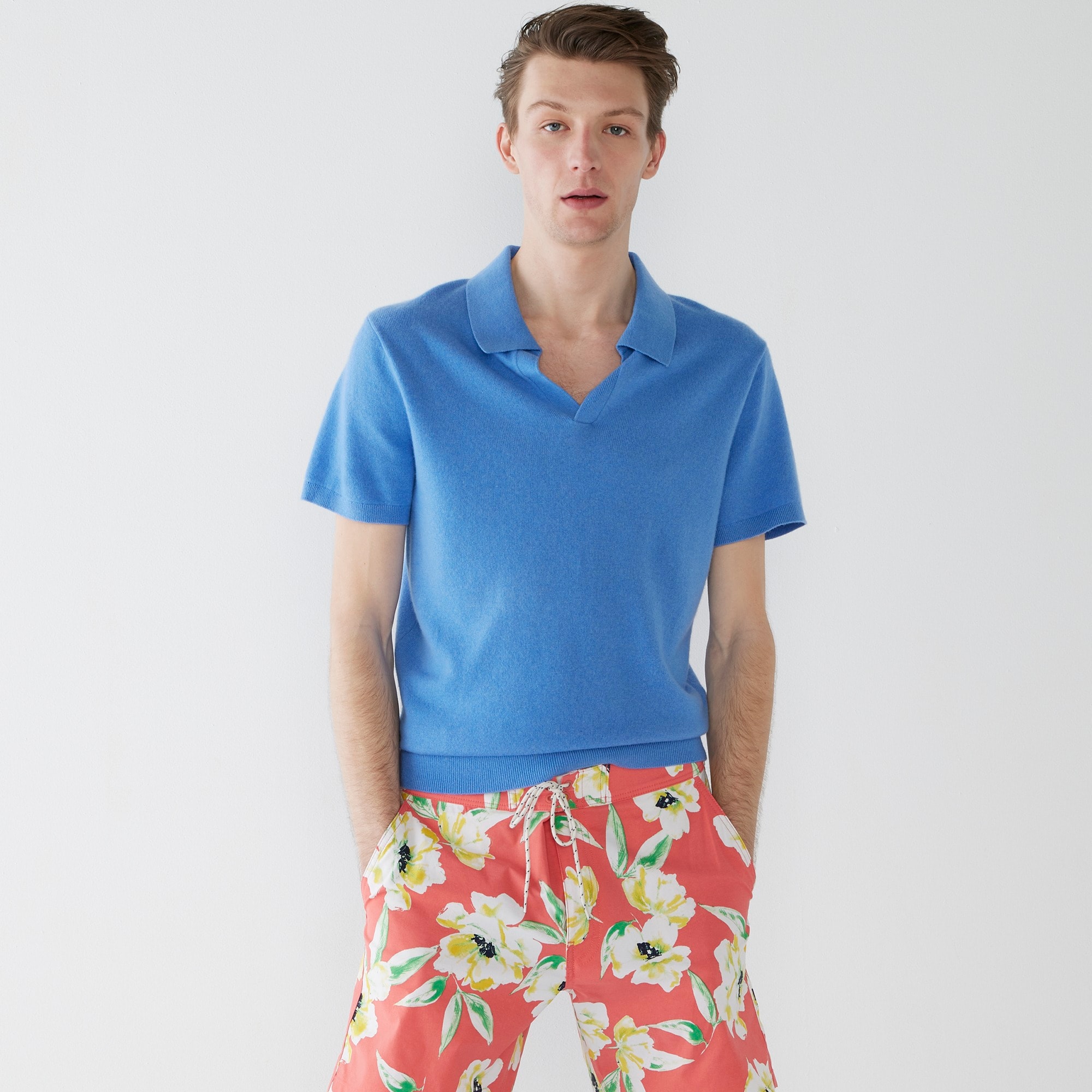 Cashmere short-sleeve johnny-collar sweater-polo