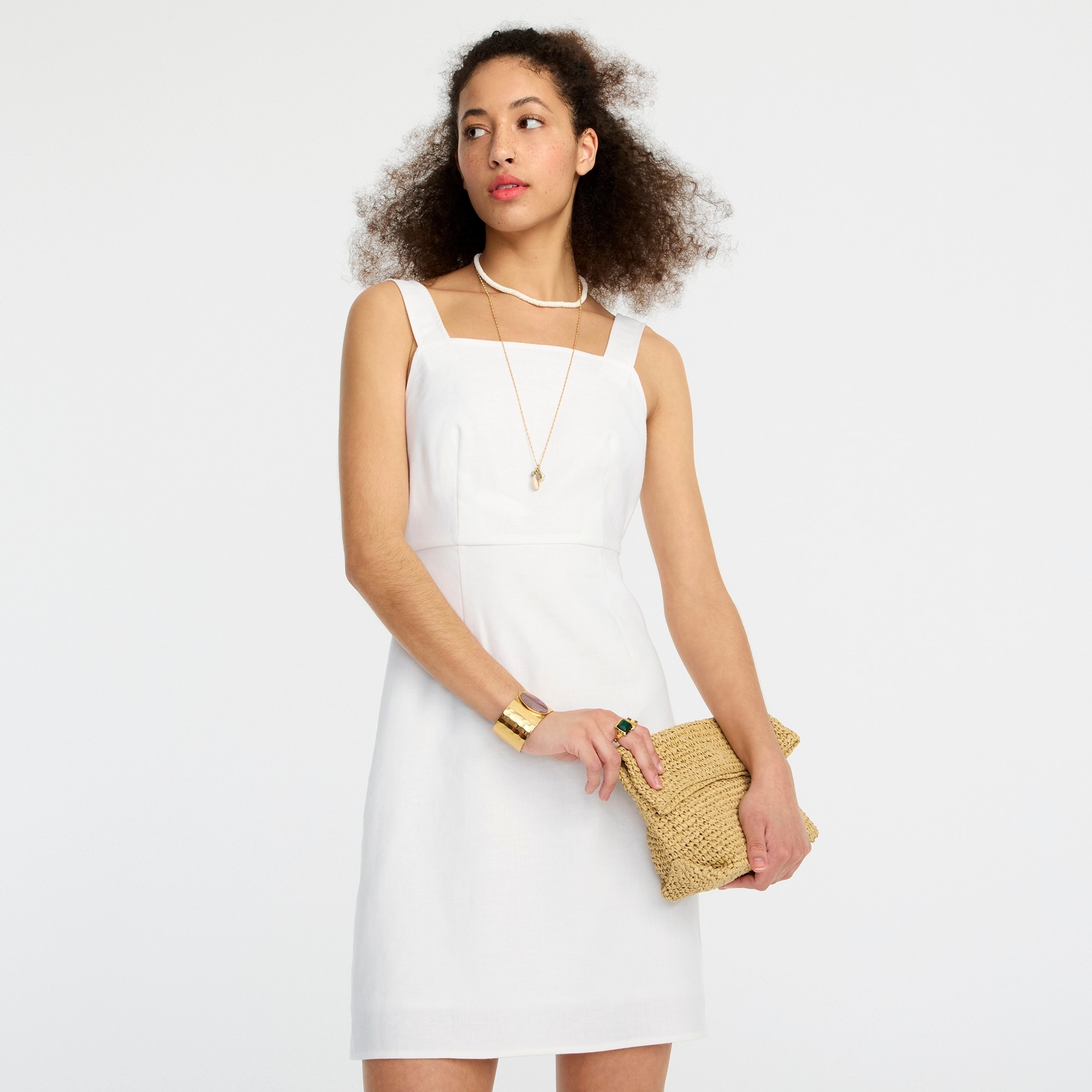 Squareneck A-line dress in stretch linen blend