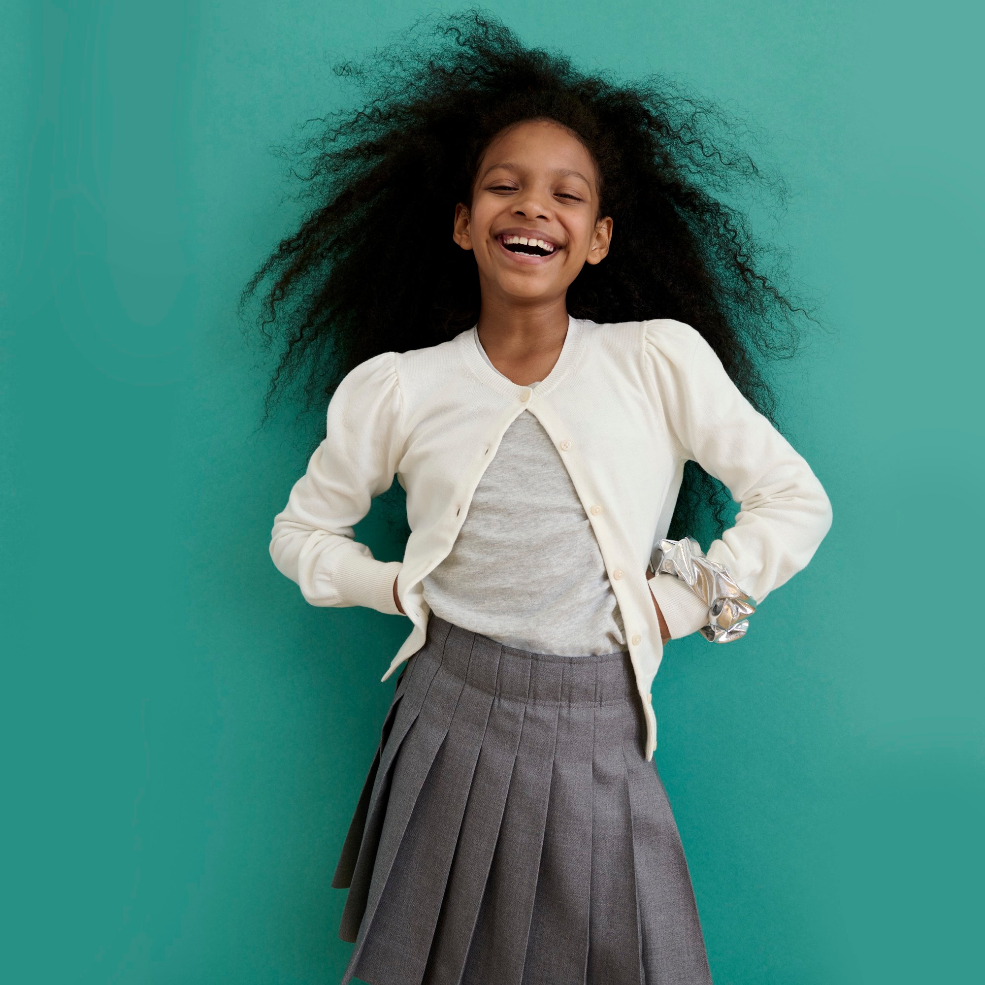 Girls' puff-sleeve cotton cardigan sweater