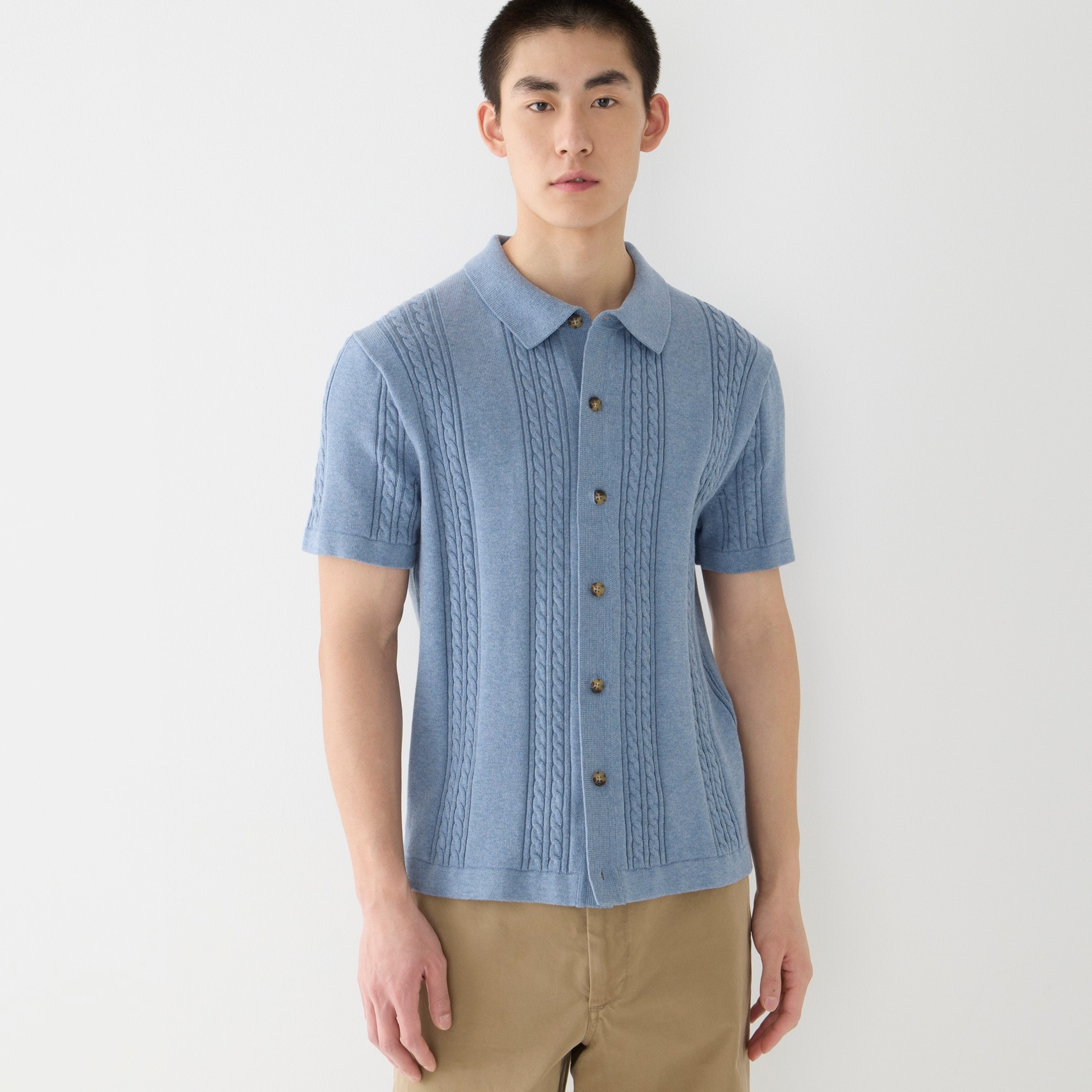 Short-sleeve cotton cable-knit cardigan sweater-polo