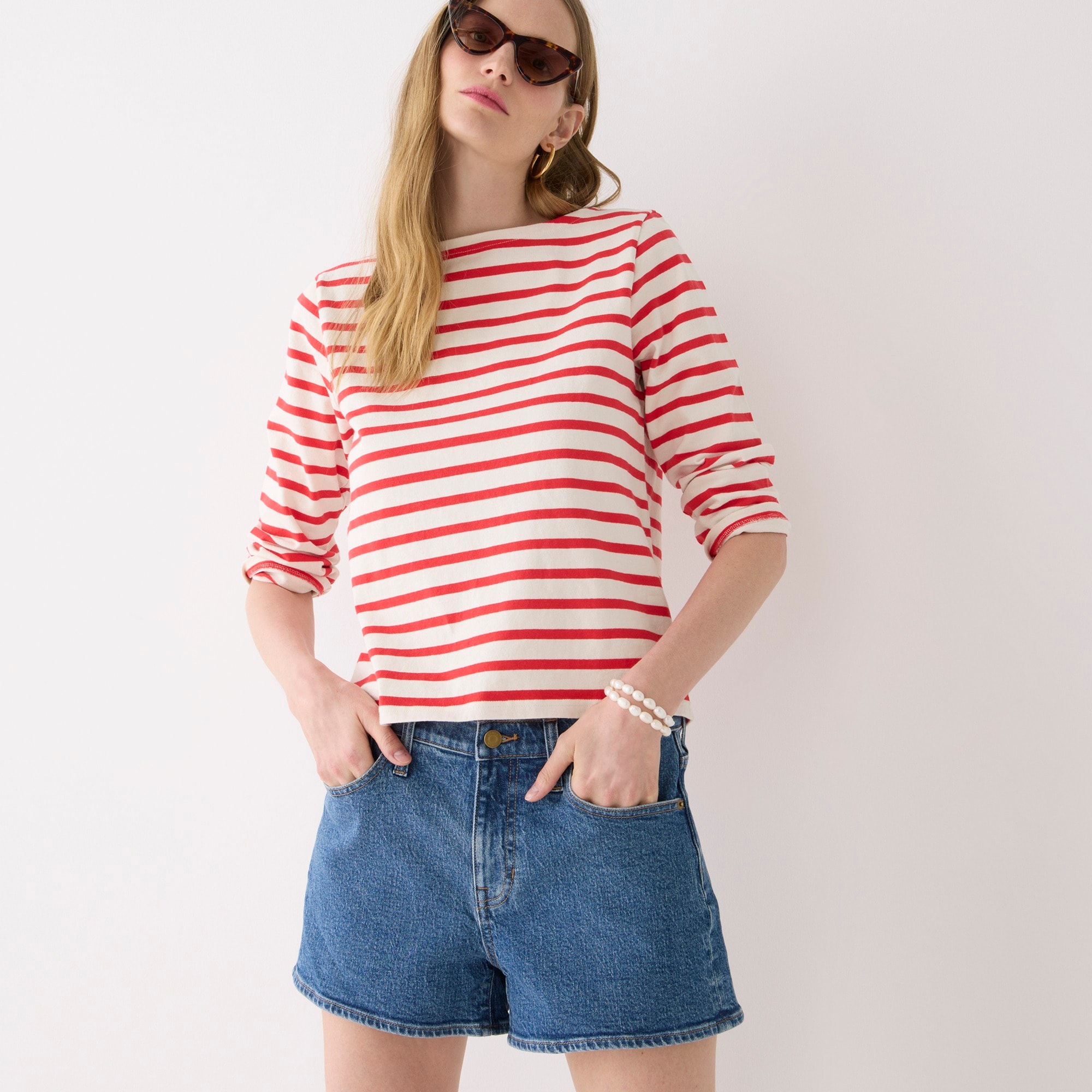 High-rise A-line denim short in ancient laurel wash