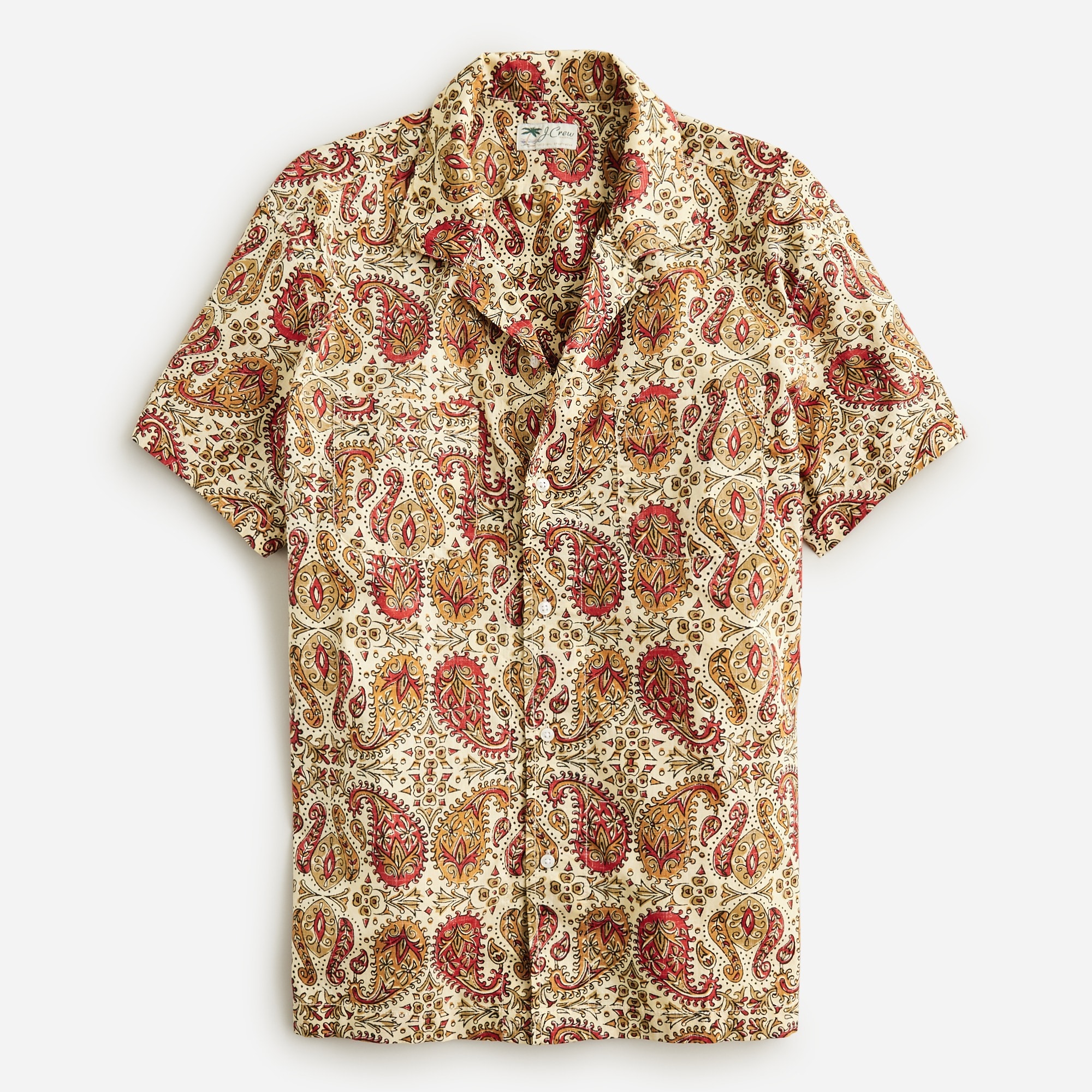 Short-sleeve slub cotton camp-collar shirt in print