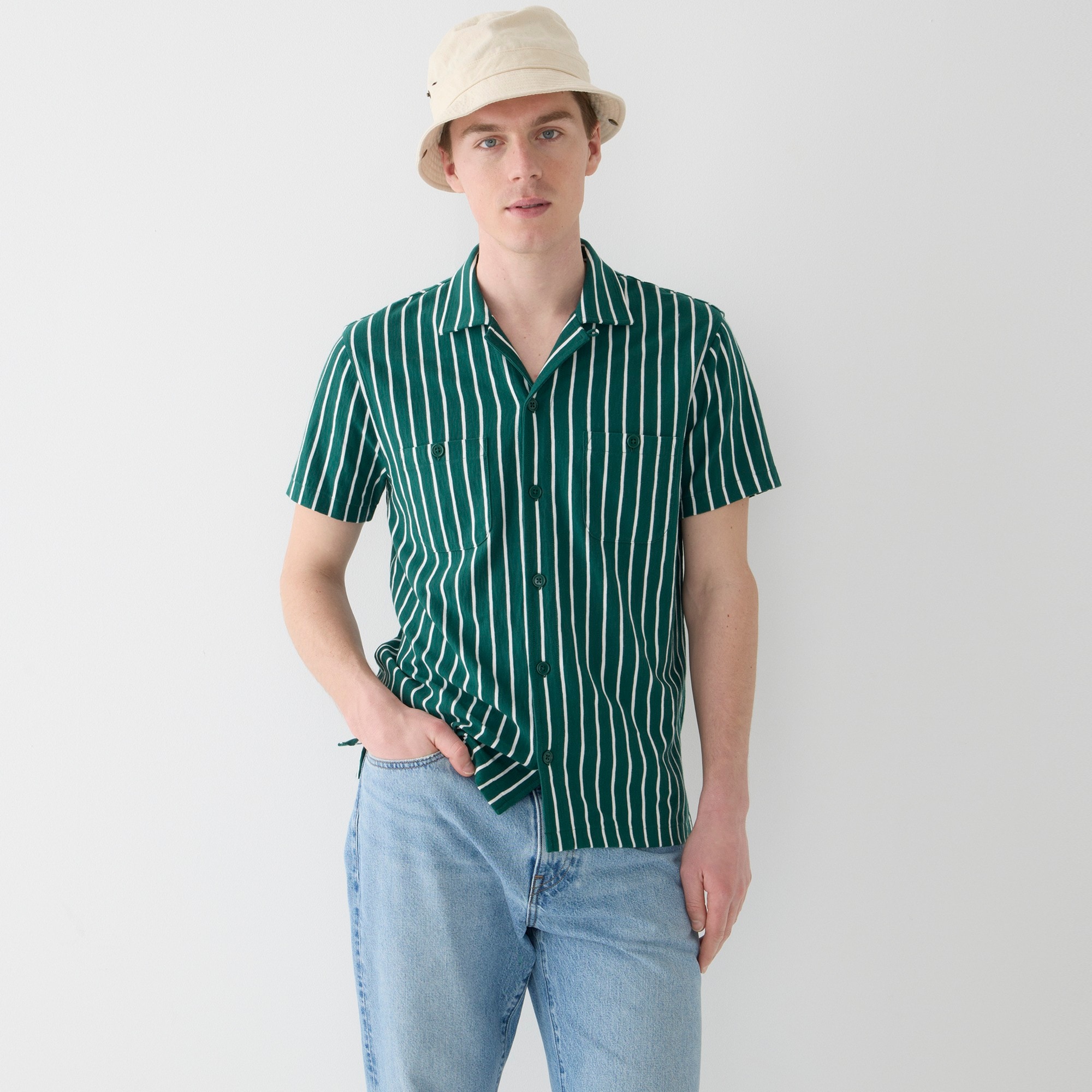 Short-sleeve cotton knit camp-collar shirt in stripe