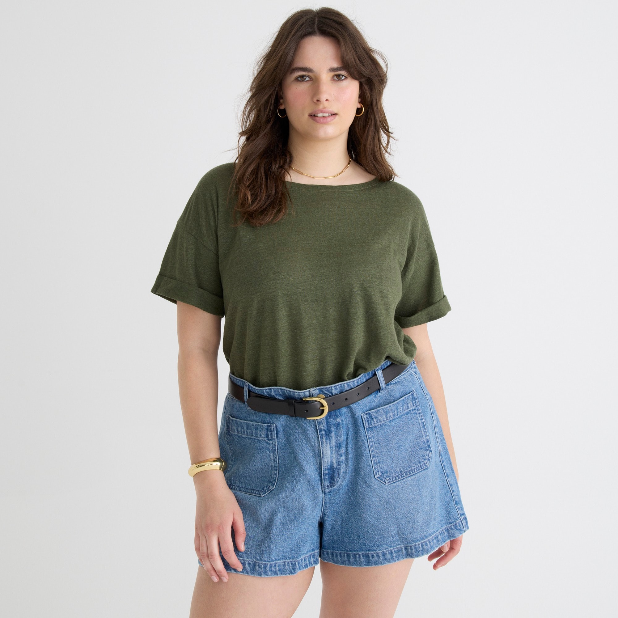 Linen roll-cuff crewneck T-shirt