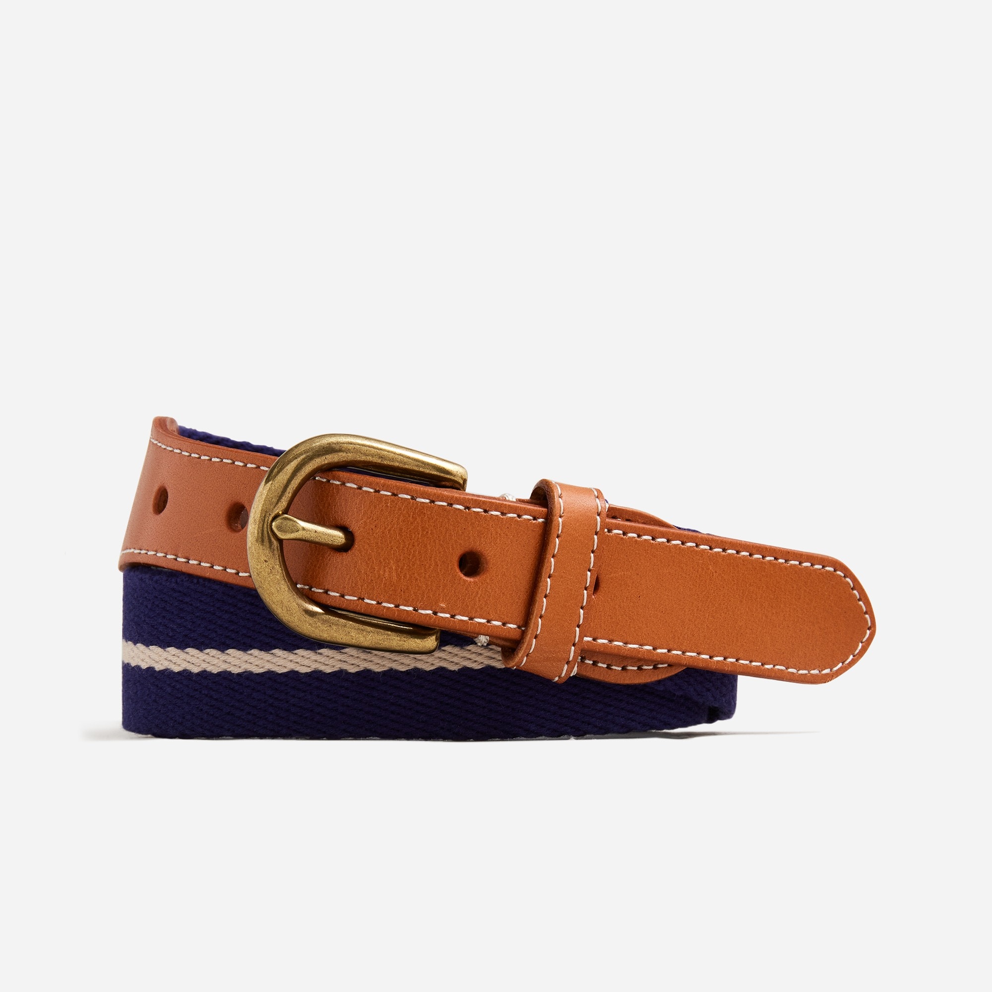 Webbed belt with brass buckle in stripe