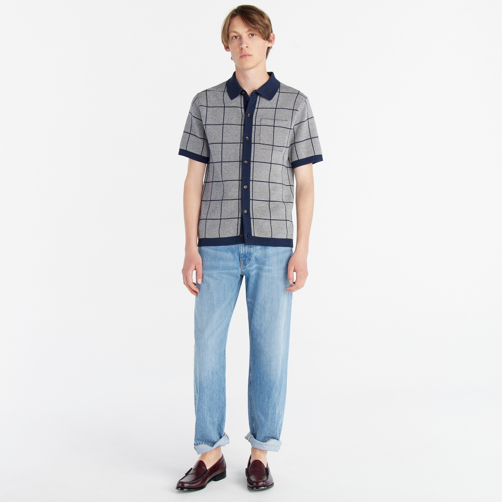 Cotton jacquard short-sleeve cardigan sweater-polo