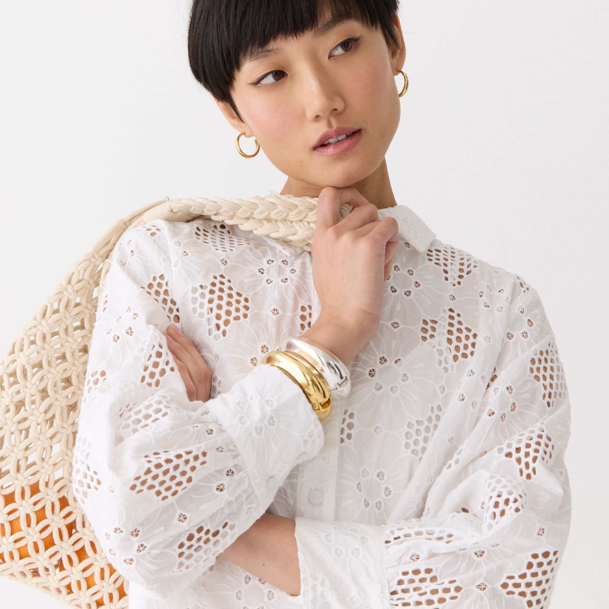 Long-sleeve popover top in eyelet