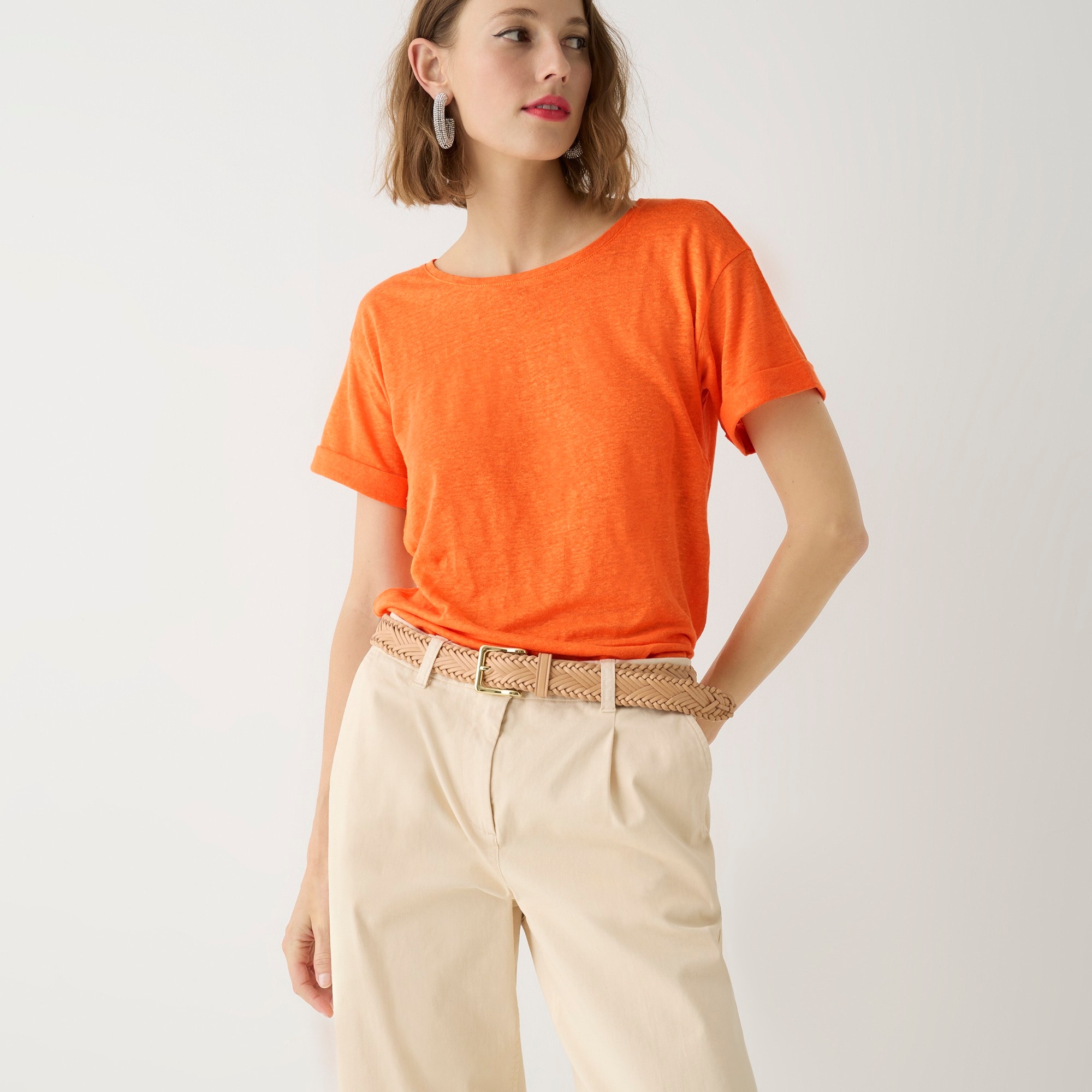 Linen roll-cuff crewneck T-shirt