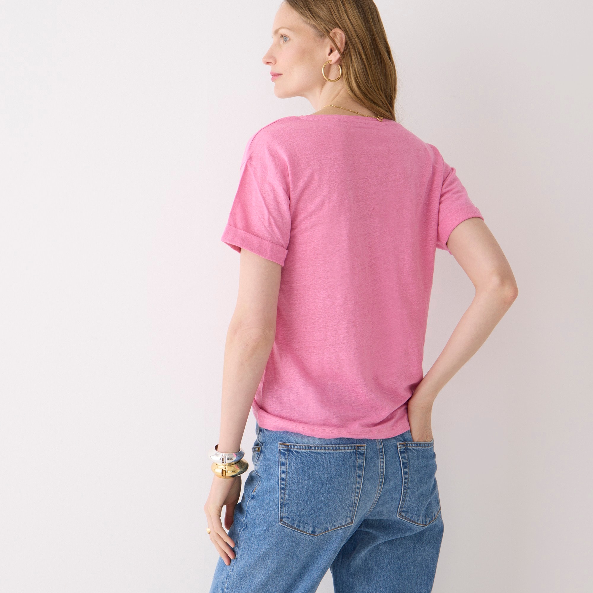 Linen roll-cuff crewneck T-shirt
