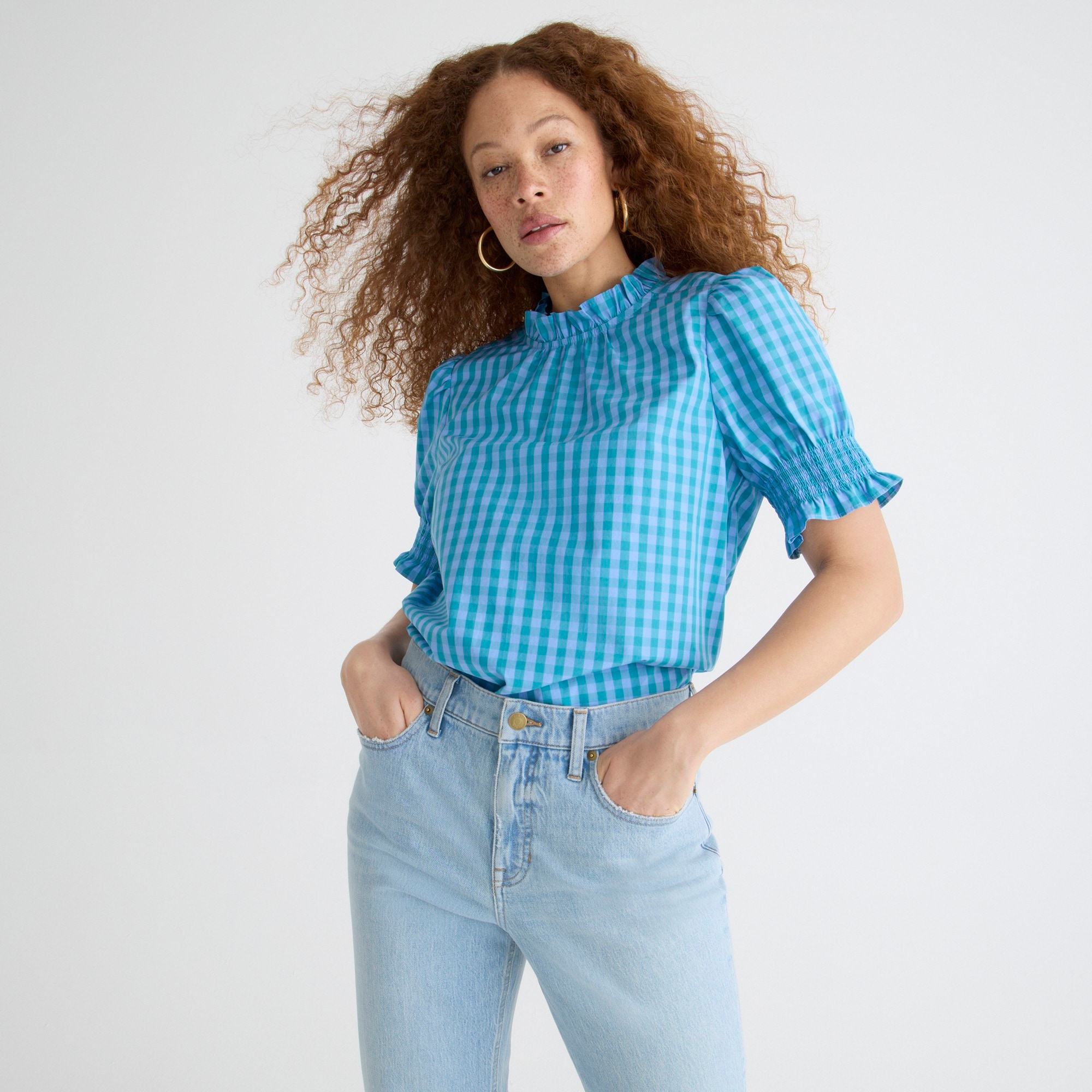 Smocked cotton poplin puff-sleeve top in gingham