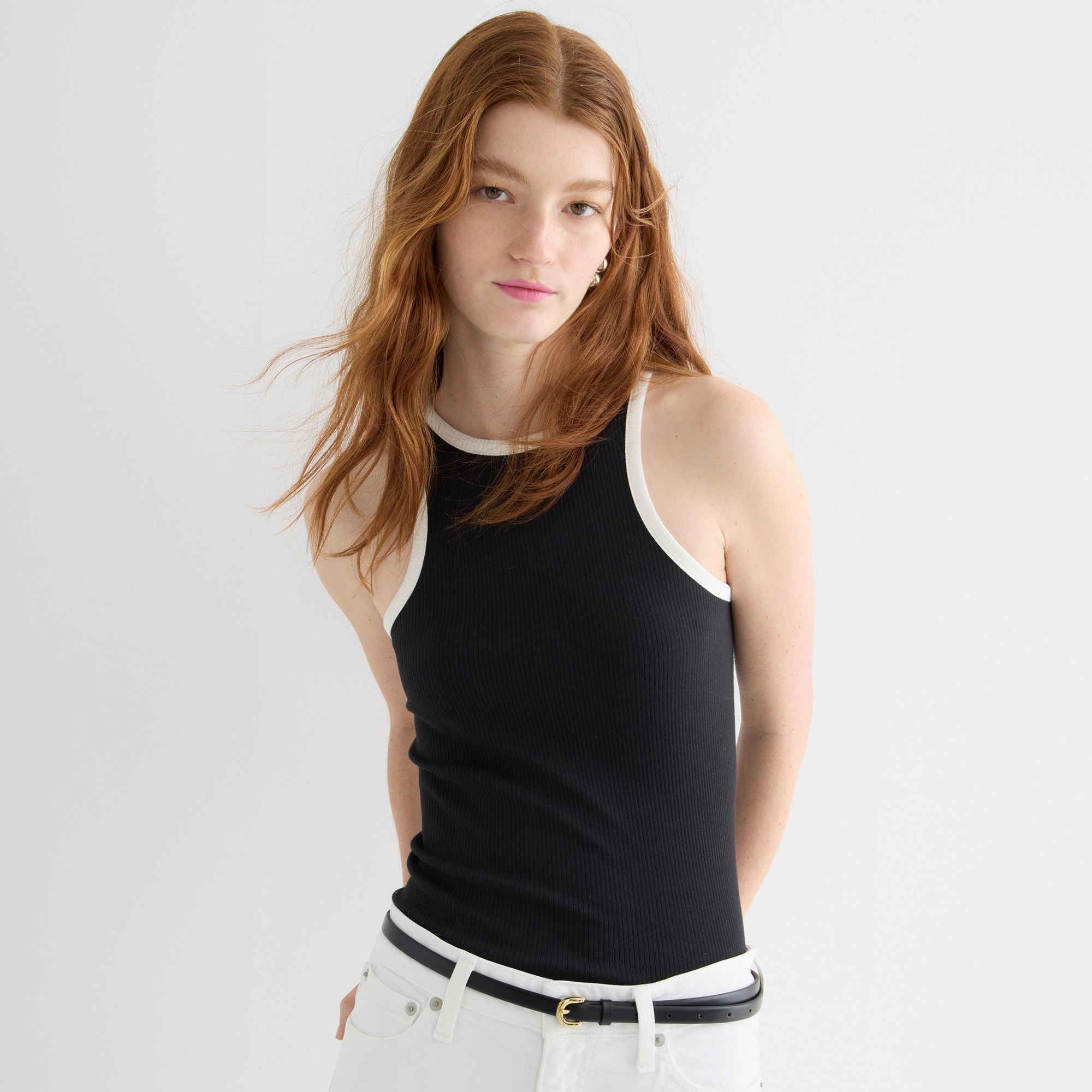 Vintage rib high-neck cutaway tank top with contrast trim