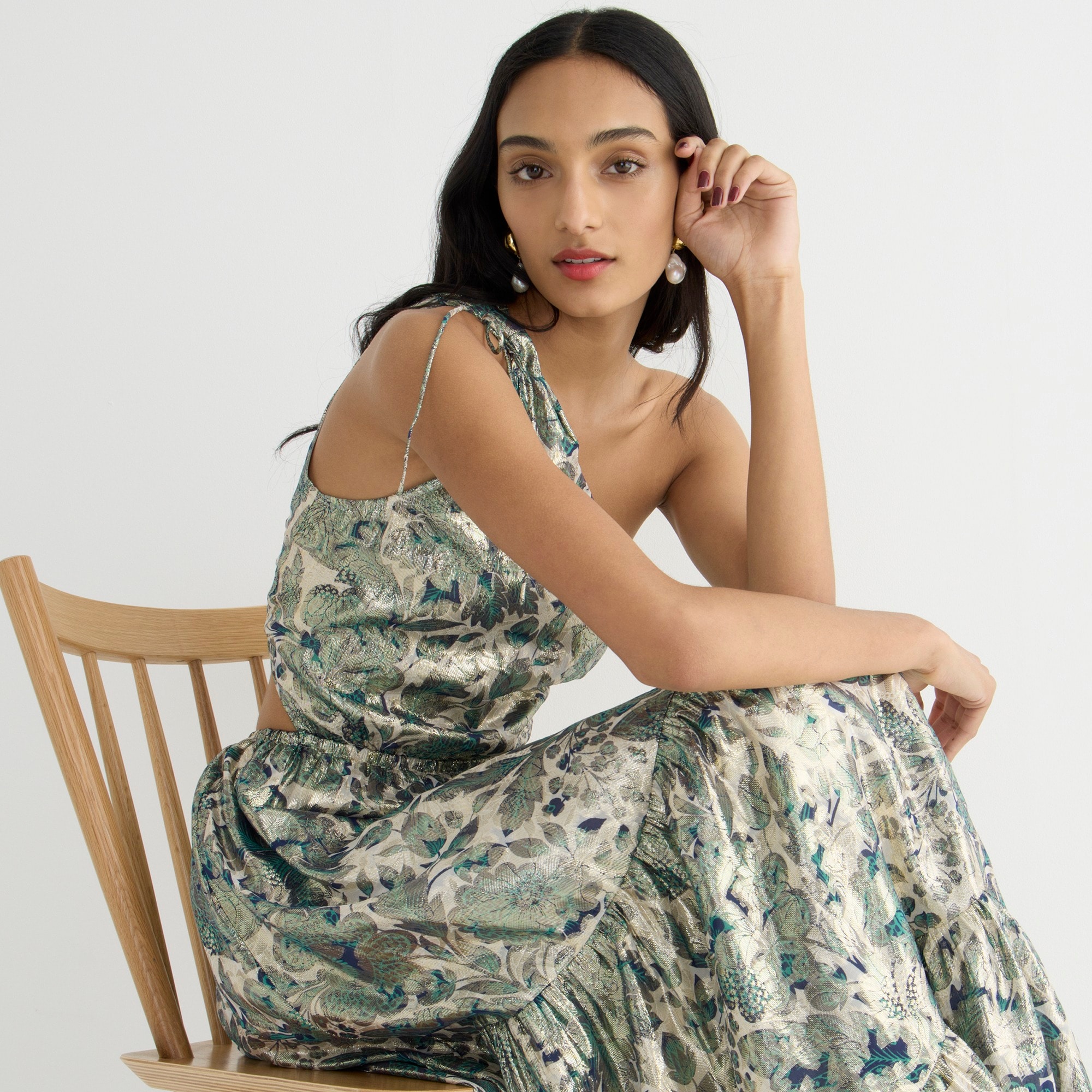 Collection one-shoulder cutout dress in floral Lurex® chiffon