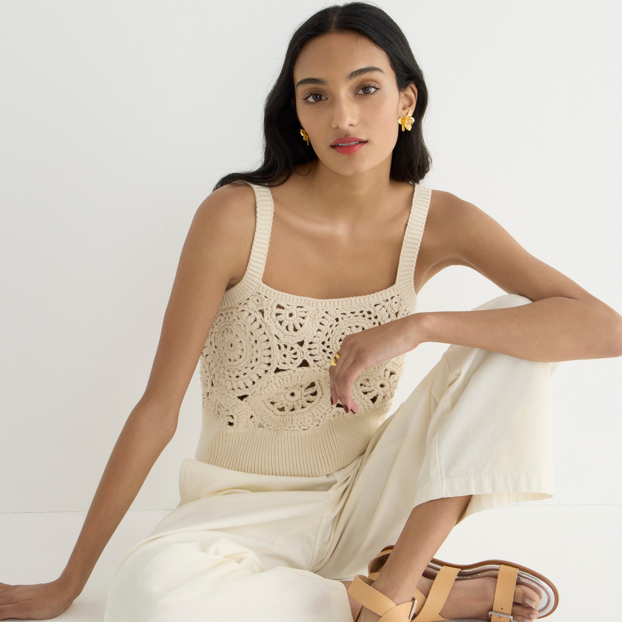 Cropped crochet tank top in silk-cotton blend