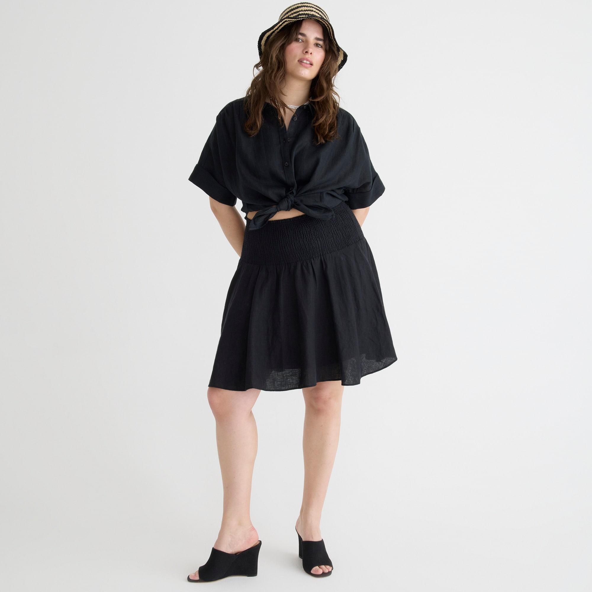 Smocked-waist linen mini skirt