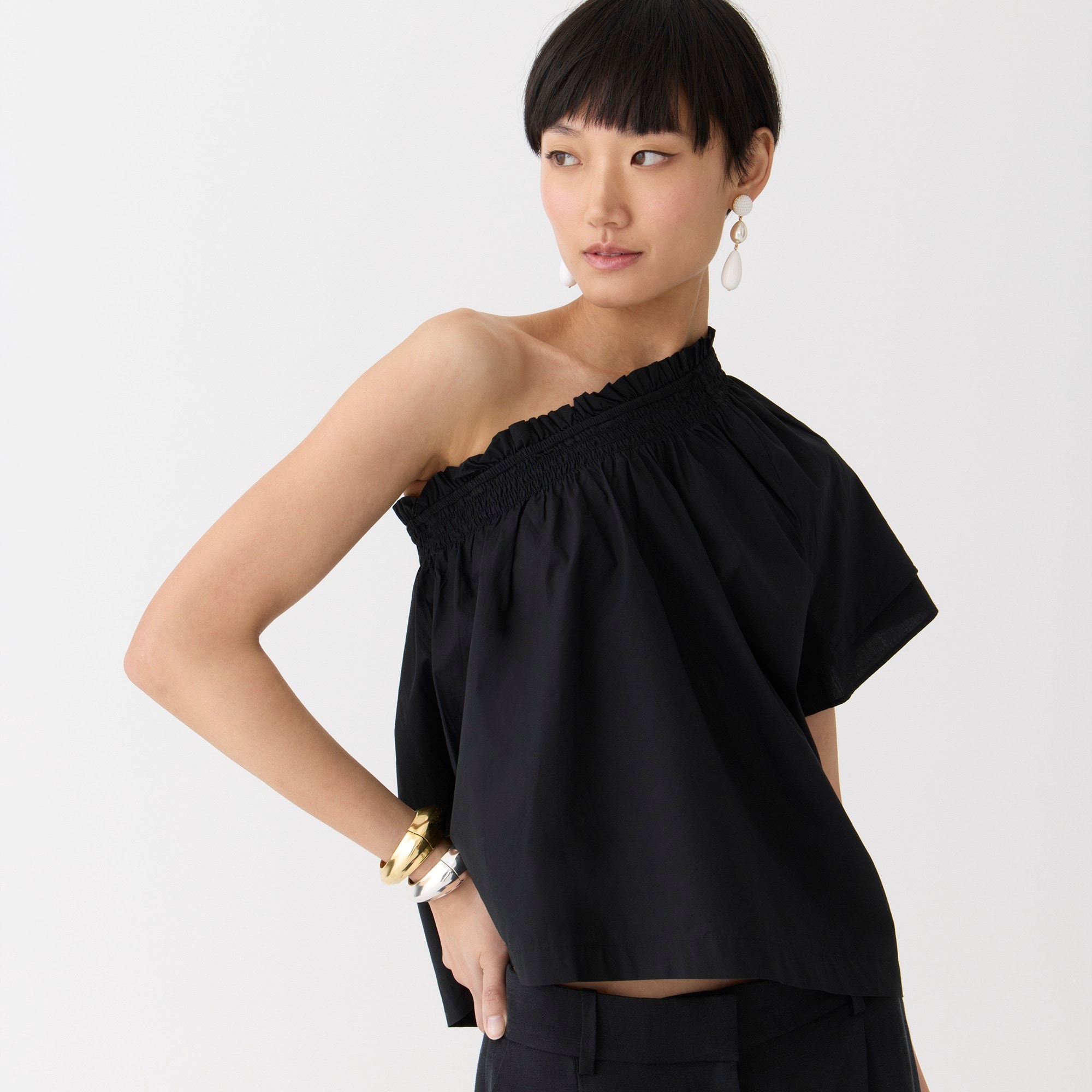 Smocked one-shoulder top in cotton poplin