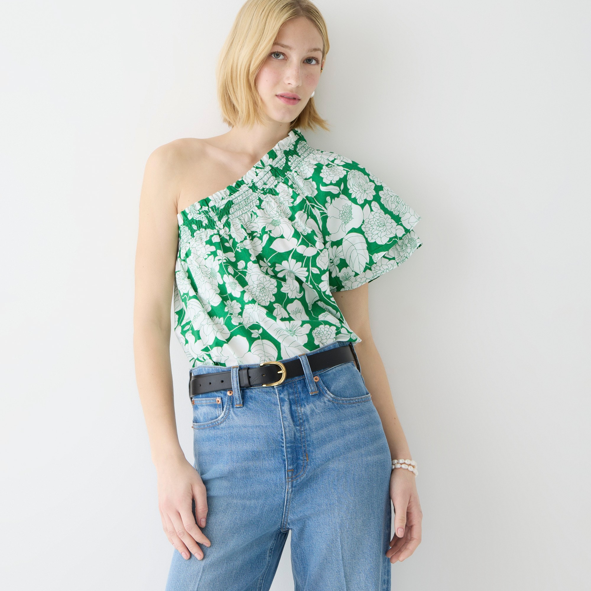 Smocked one-shoulder top in Kelly floral
