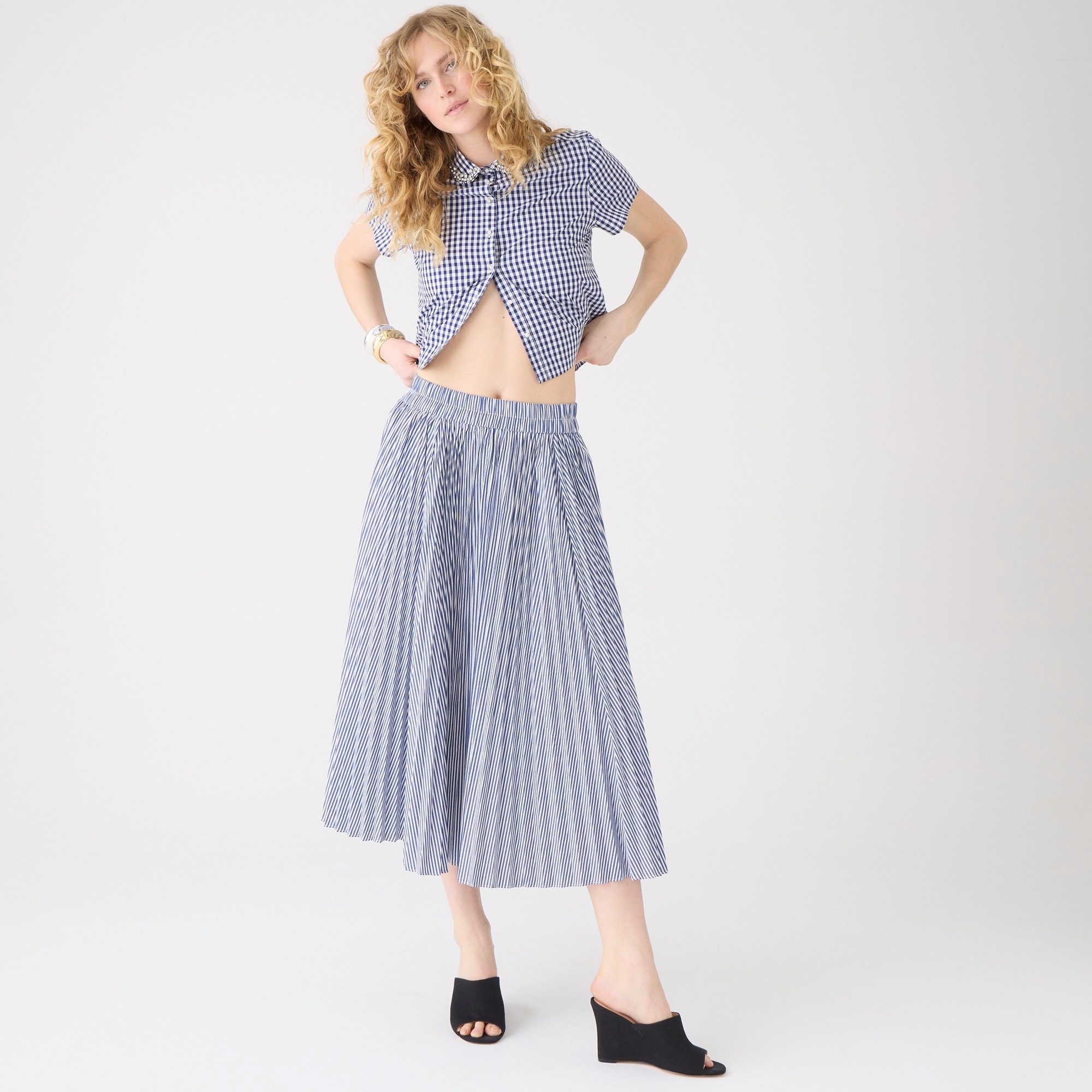 Pleated midi skirt in striped cotton blend