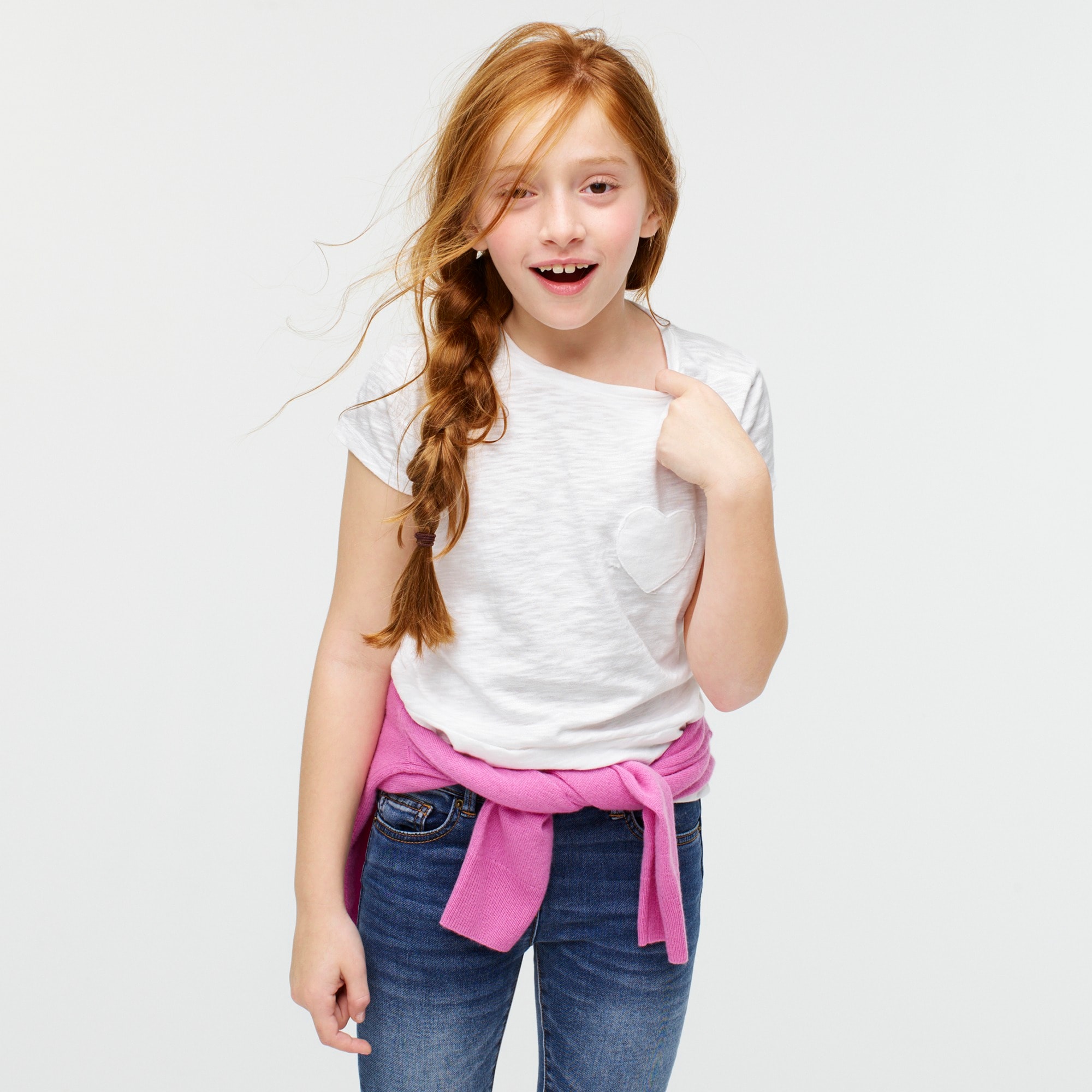 Girls' short-sleeve heart-pocket T-shirt