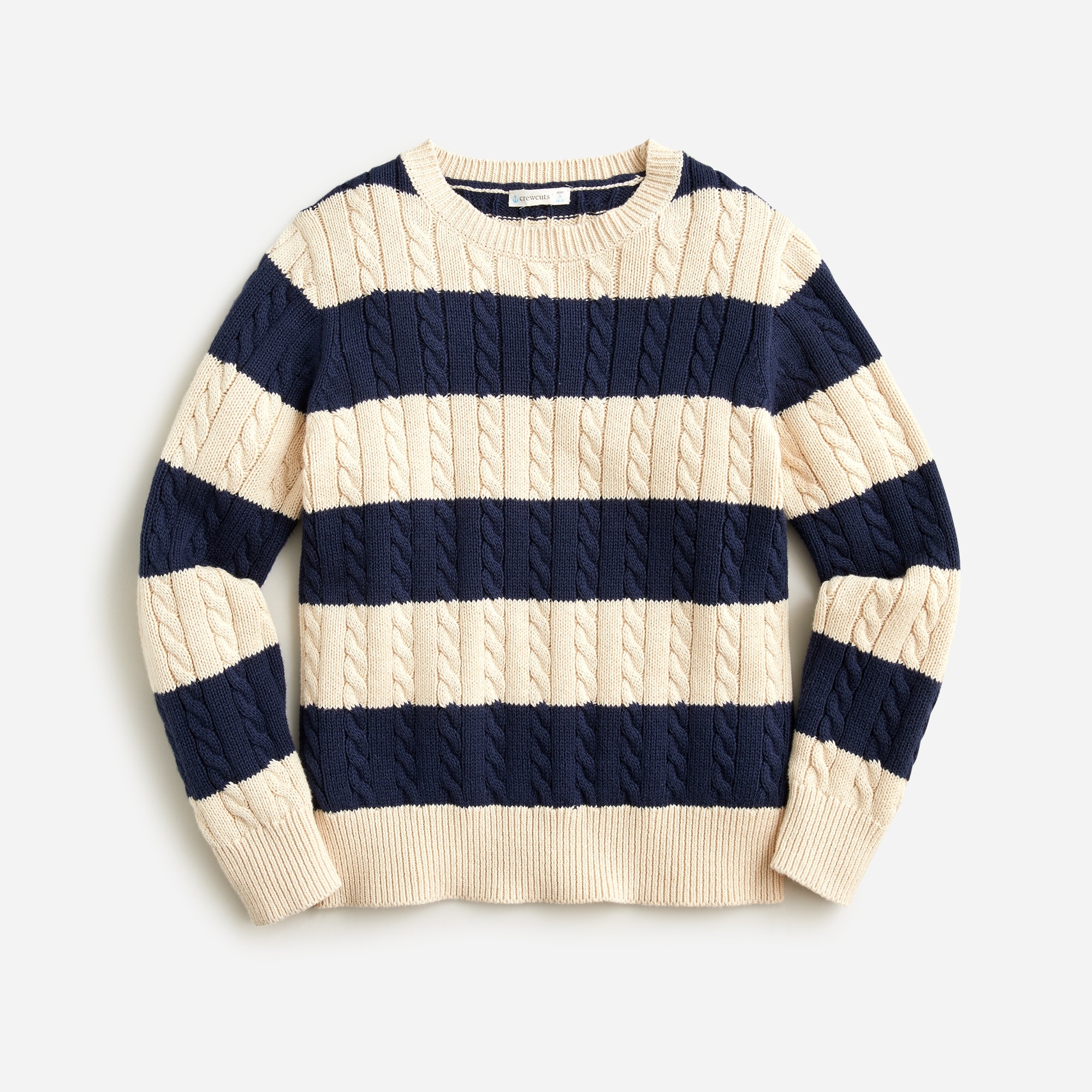 Kids' cable-knit cotton crewneck sweater in rugby stripe