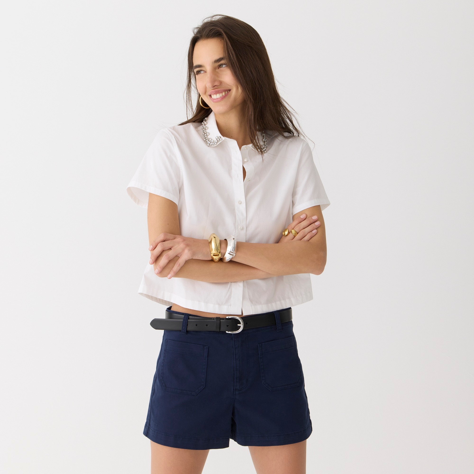 Collection embellished cropped button-up shirt in cotton poplin