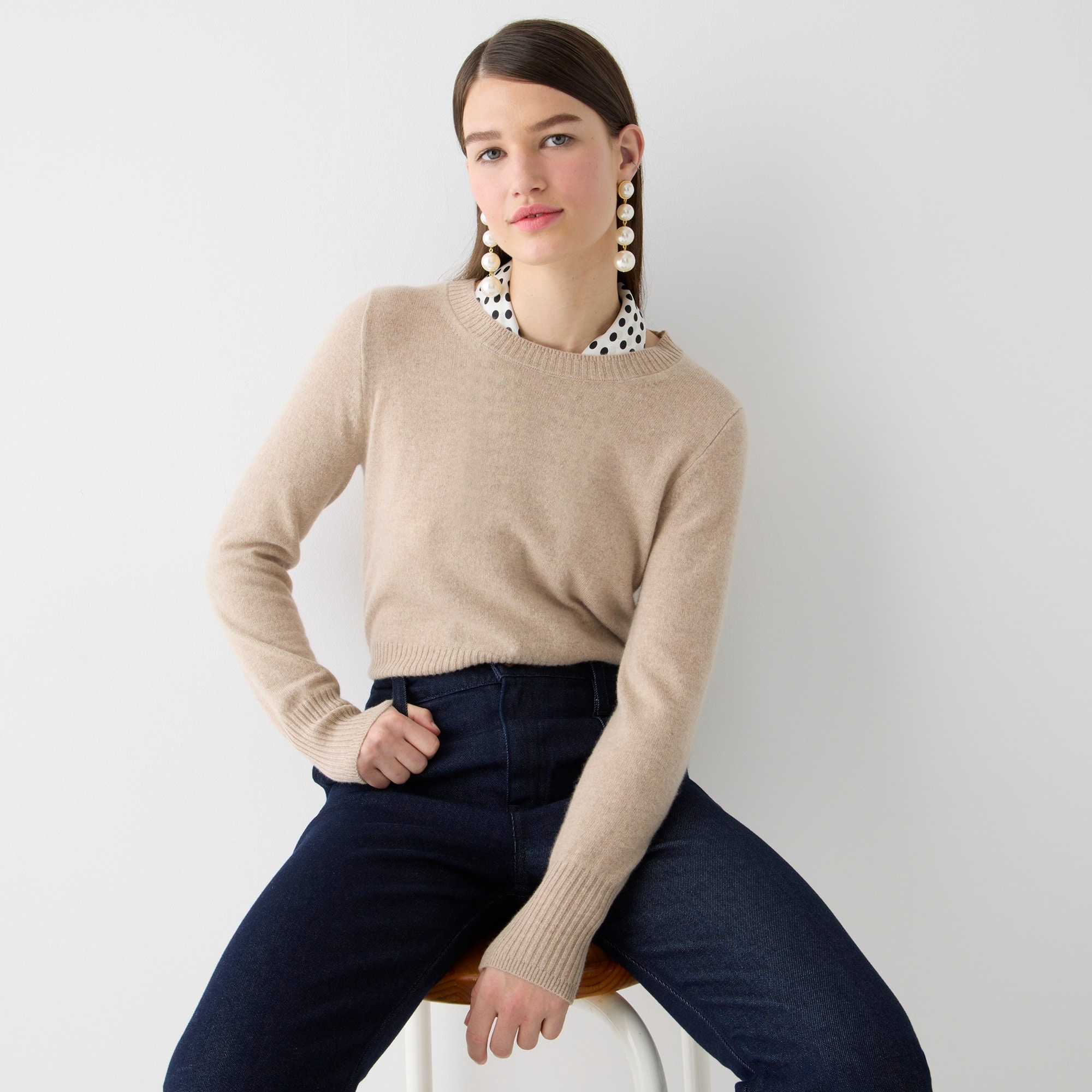 Cropped cashmere crewneck sweater