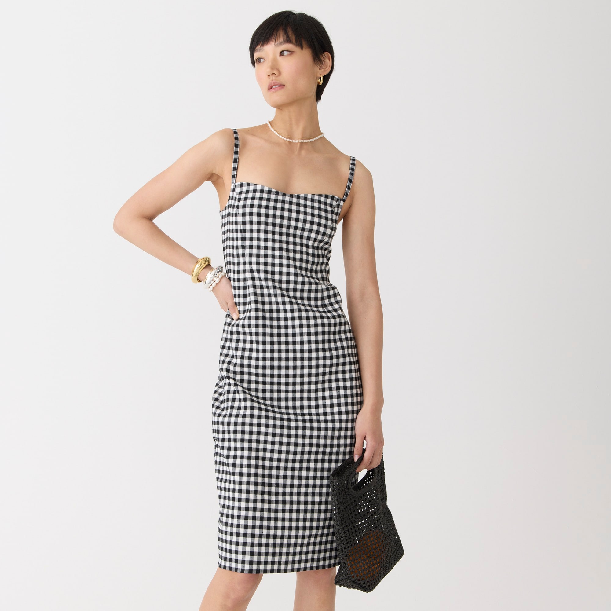 Sweetheart linen-blend sheath dress in gingham